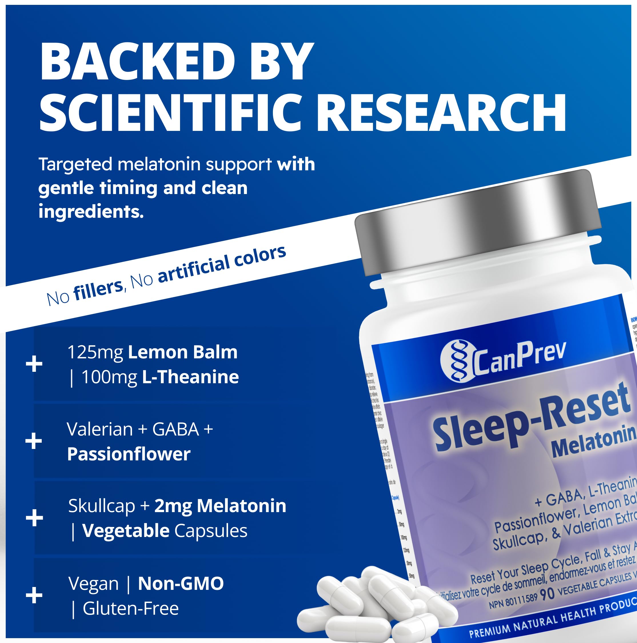 CanPrev Melatonin Sleep-Reset, 90 V-Caps 90-Day Supply - Includes GABA, L-Theanine, Lemon Balm & Valerian - Sleep Support Supplement - Promotes Relaxation and Restful Nights - Vegan Friendly