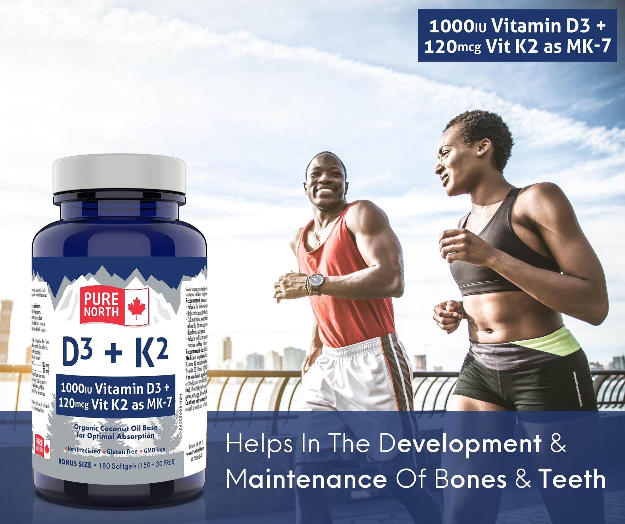 Pure North Naturals – Supplément de vitamines D3 + K2, 180 gélules (180 jours) – Santé des os et des dents – D3 1000 UI + K2 MK7 120 mcg avec huile de noix de coco biologique – Testé par des tiers – Formulé et fabriqué au Canada