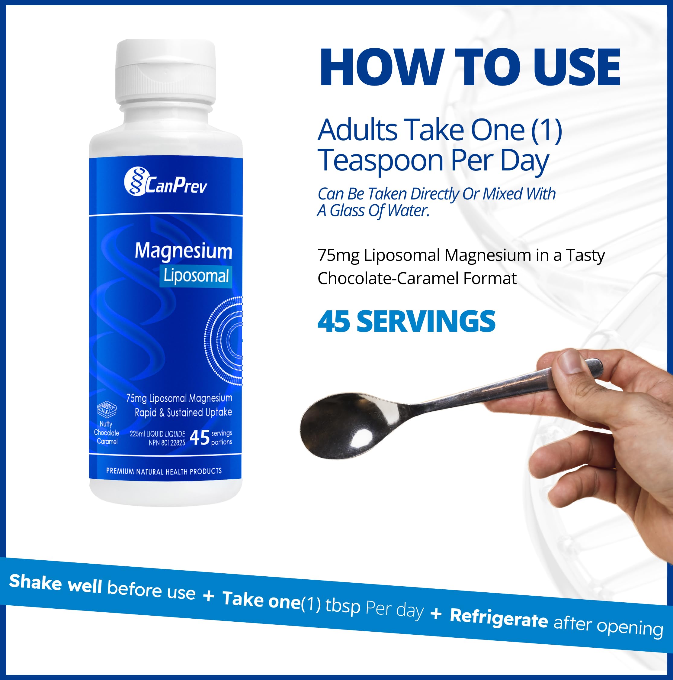 CanPrev Bisglycinate de magnésium liposomal, liquide de 225 ml (45 portions), saveur chocolat-caramel aux noisettes - Aide à maintenir une fonction musculaire, des os et des dents sains - Végétalien, sans OGM et sans gluten