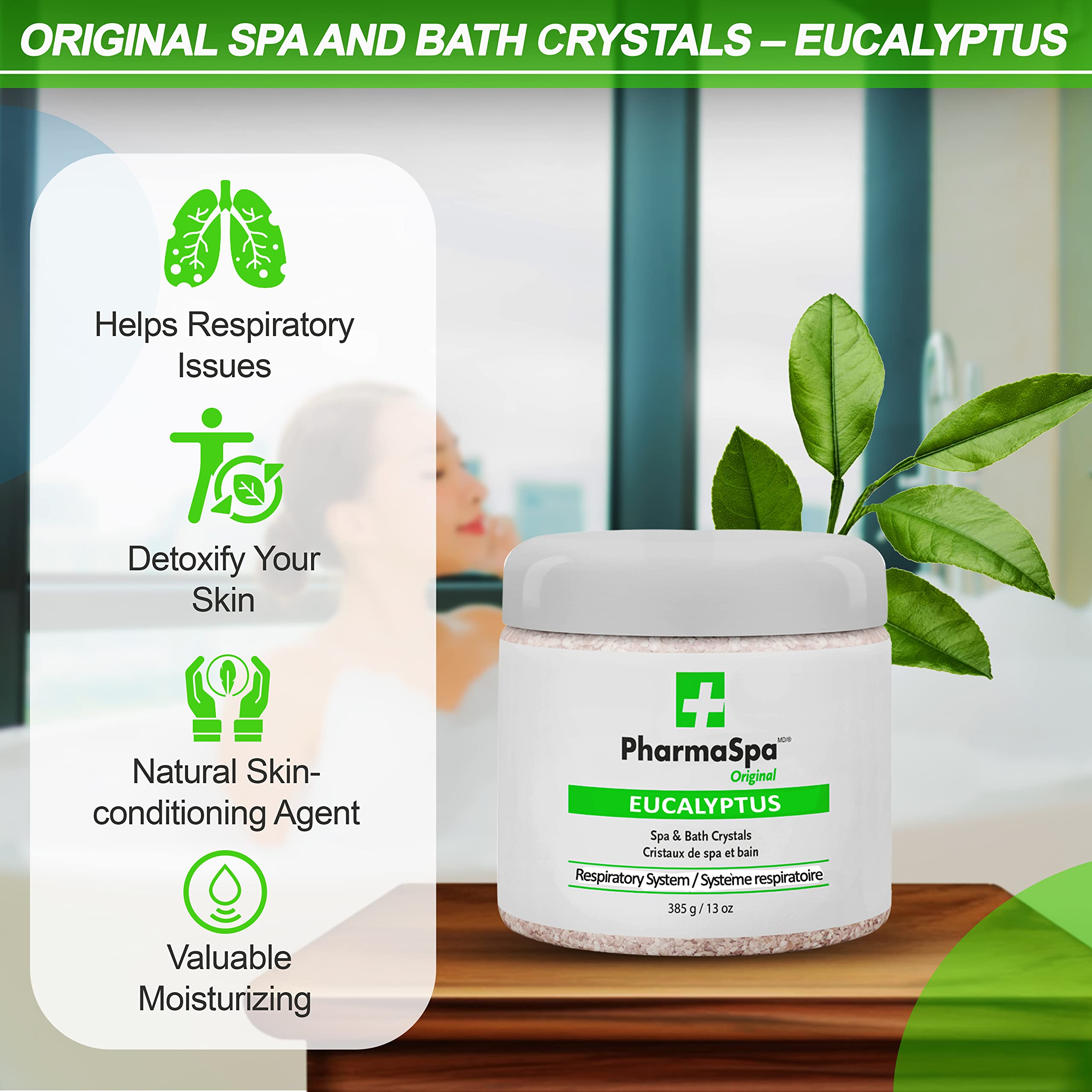 Pharmaspa Original : Cristaux de spa et de bain aux extraits entièrement naturels – 385 g/13 oz – Sel de bain d'Epsom pour l'aromathérapie et la relaxation dans les spas – Sans gluten, sans parabènes, sans cruauté