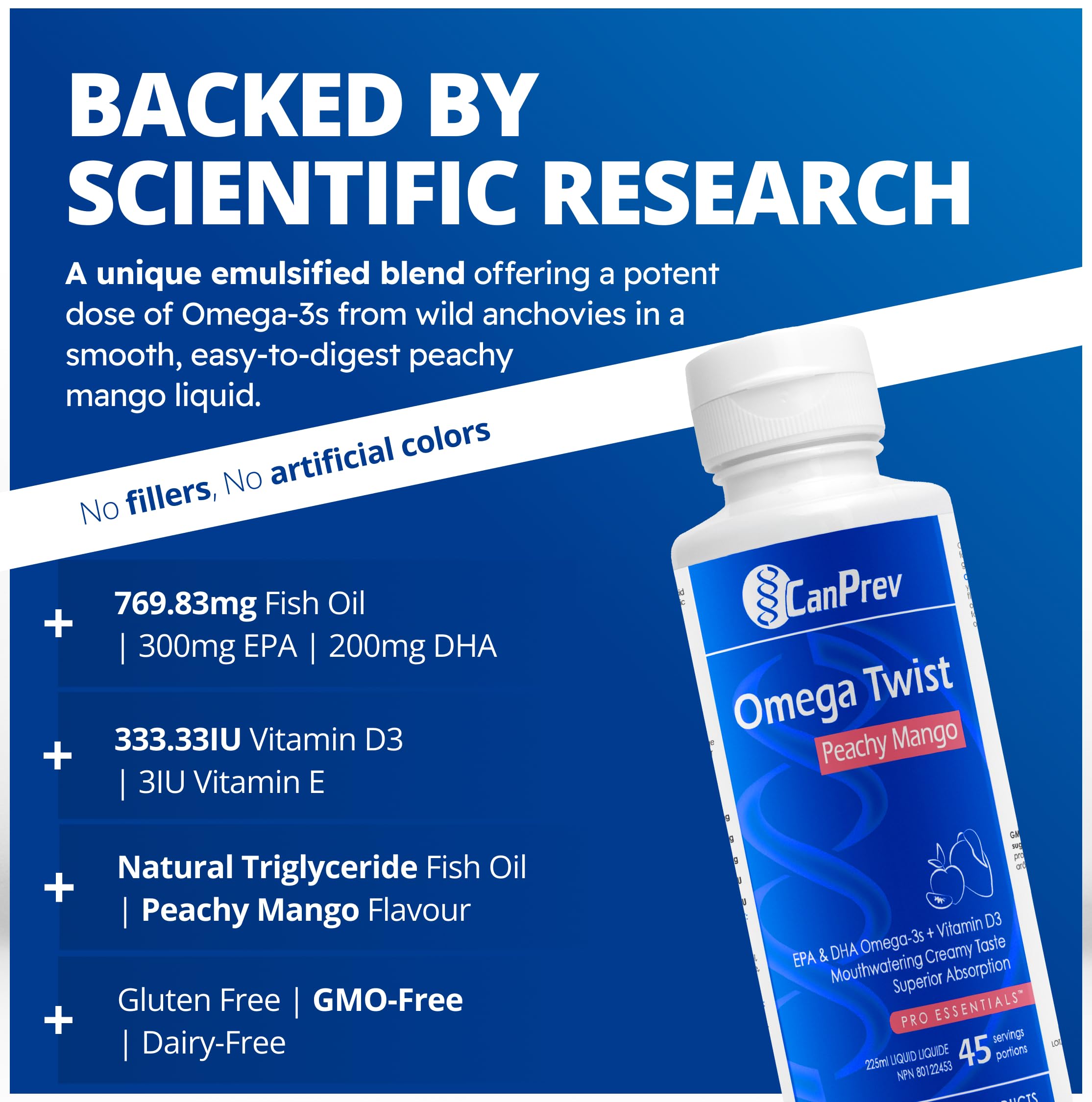 CanPrev Omega Twist Pêche Mangue, 225 ml Liquide 45 Portions - Absorption Supérieure Enrichi en Vitamine D3, Acides Gras Oméga-3 DHA et EPA - Aide à Soutenir la Santé Cognitive et la Fonction Cérébrale - Sans OGM