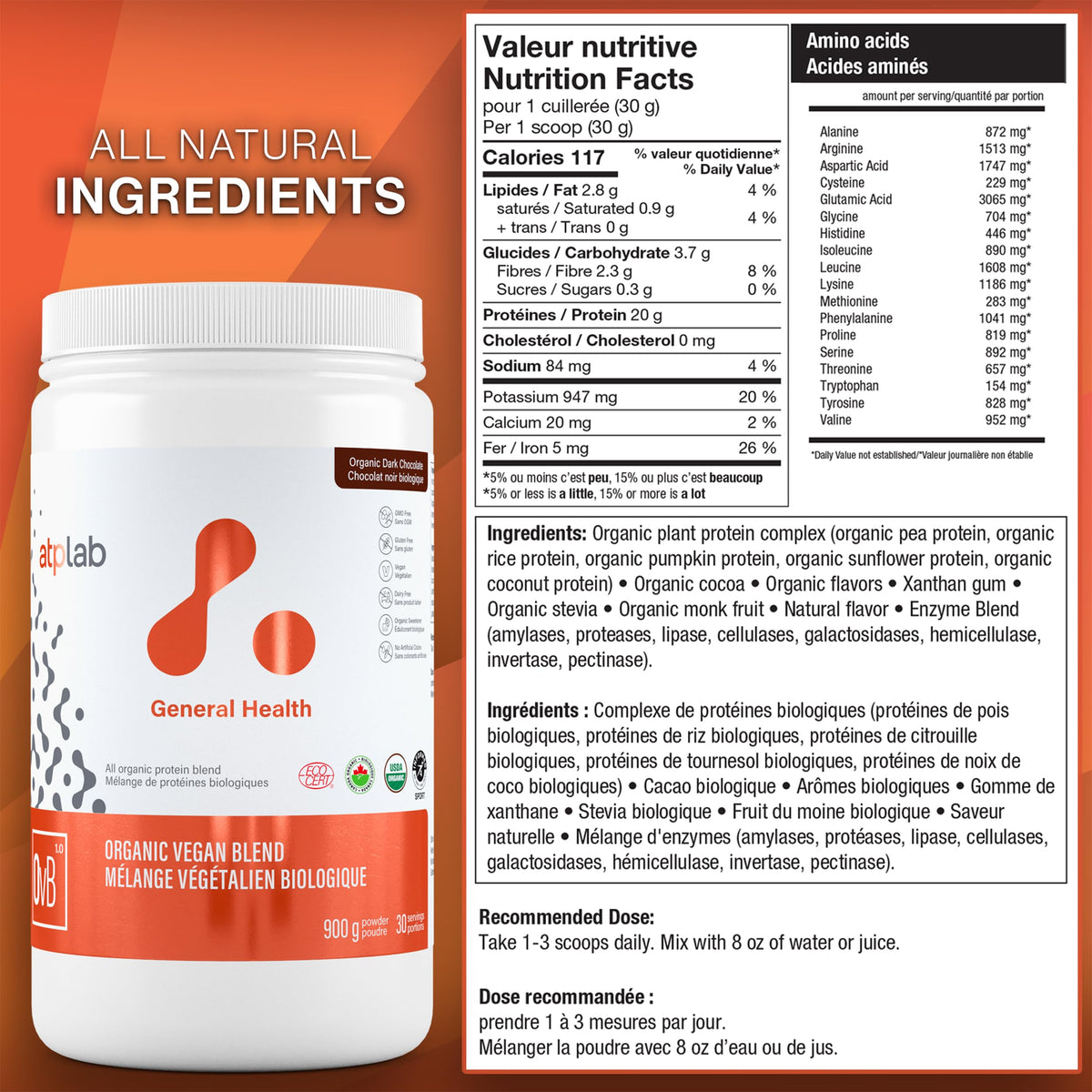 atplab Organic Vegan Blend Chocolate Plant Based Protein Powder, 900g