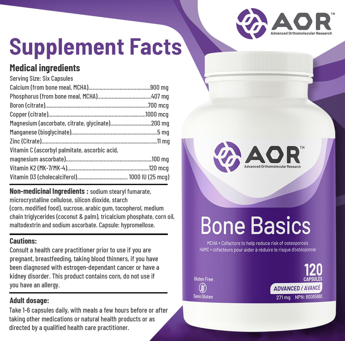 AOR Adult Bone Supplement, Calcium Magnesium Zinc, D3 & K2, 120 Capsules