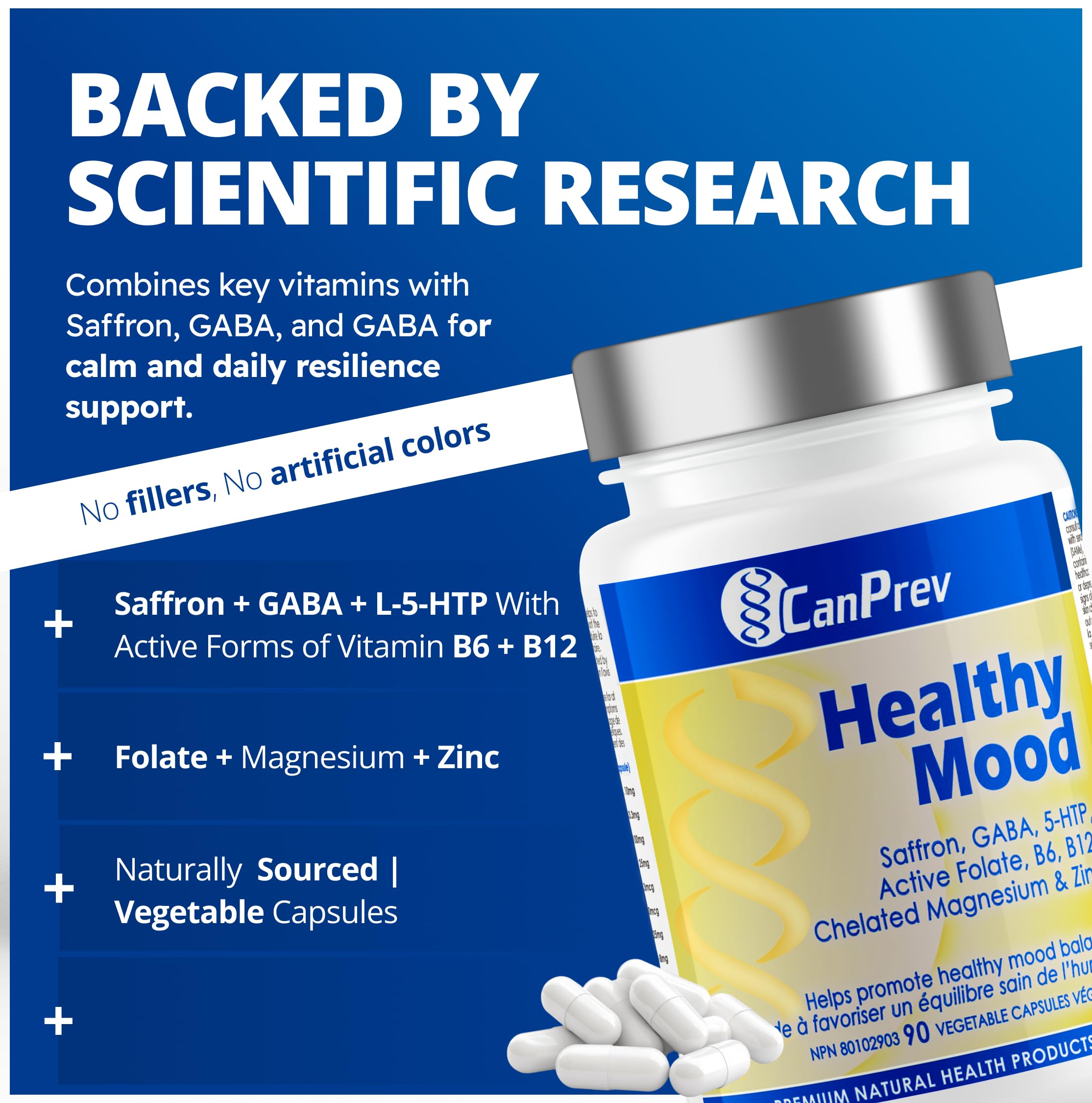 CanPrev Healthy Mood, 90 V-Caps 30-Day Supply - Saffron & 5-HTP Supplement with Vitamin B6, B12, Magnesium & Zinc Bisglycinate, Focus, Clarity, Energy Support, Restful Sleep Aid - Vegan Friendly