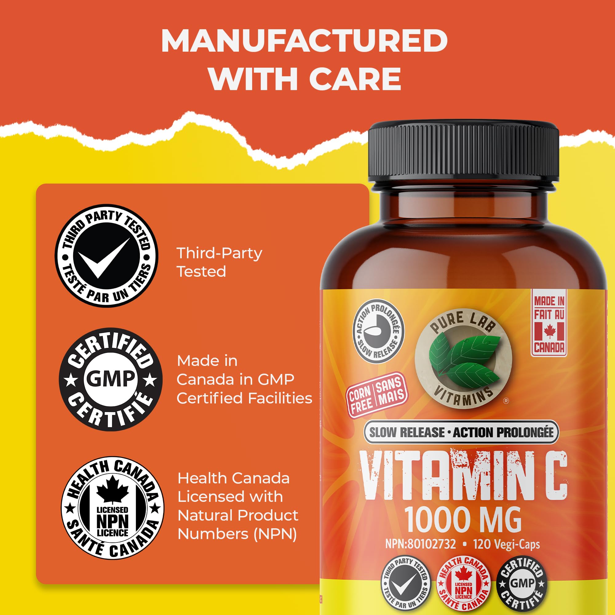 Pure Lab Vitamins Vitamine C à libération lente sans maïs 1000 mg - 120 gélules végétales