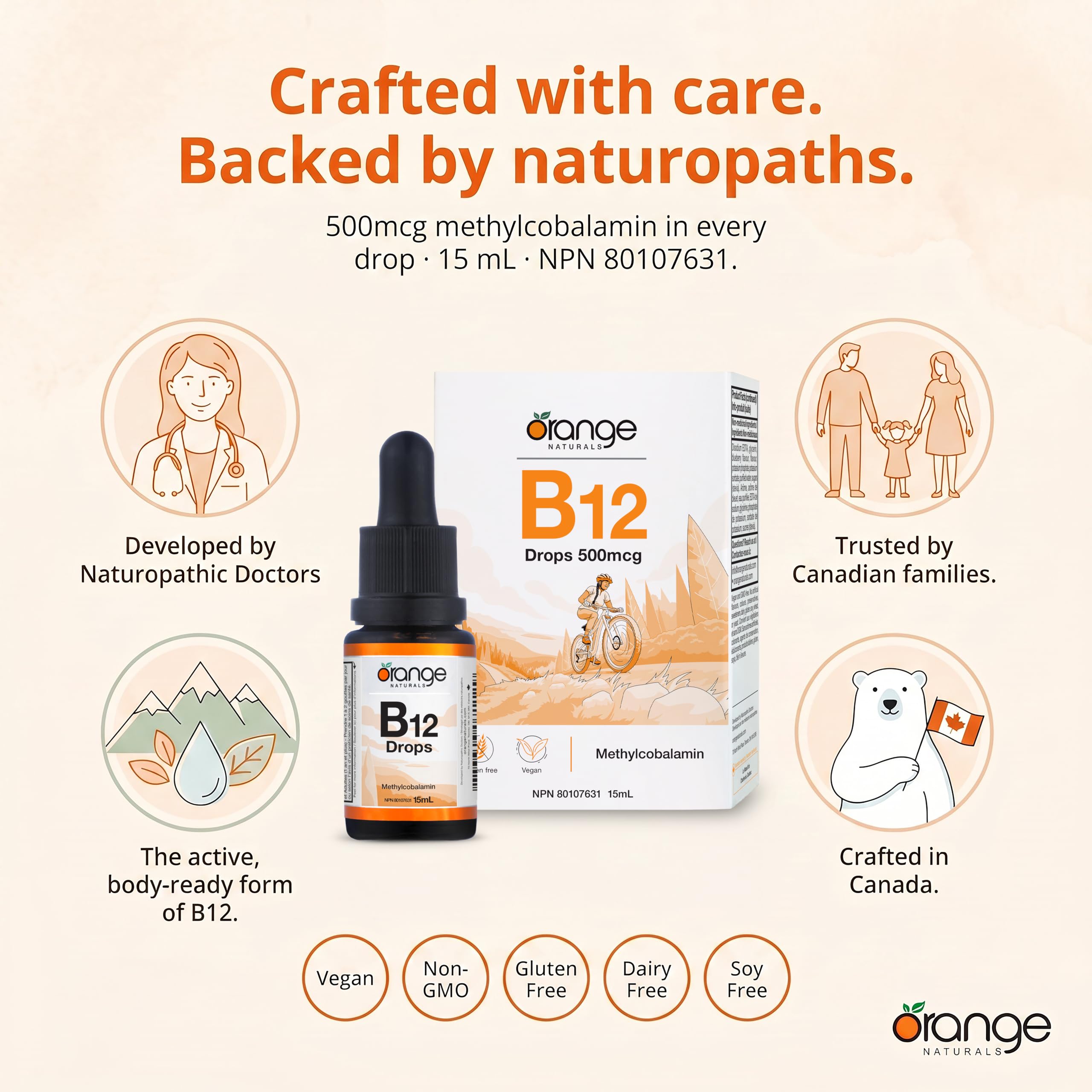 Orange Naturals Vitamin B-12 Liquid Drops, 15 ml, 300-Day Supply, Methylcobalamin 500mcg – Tasty Blueberry Flavor, Promotes Daily Vitality and Wellness – Vegan, Non-GMO, Made in Canada, Easy-to-Use
