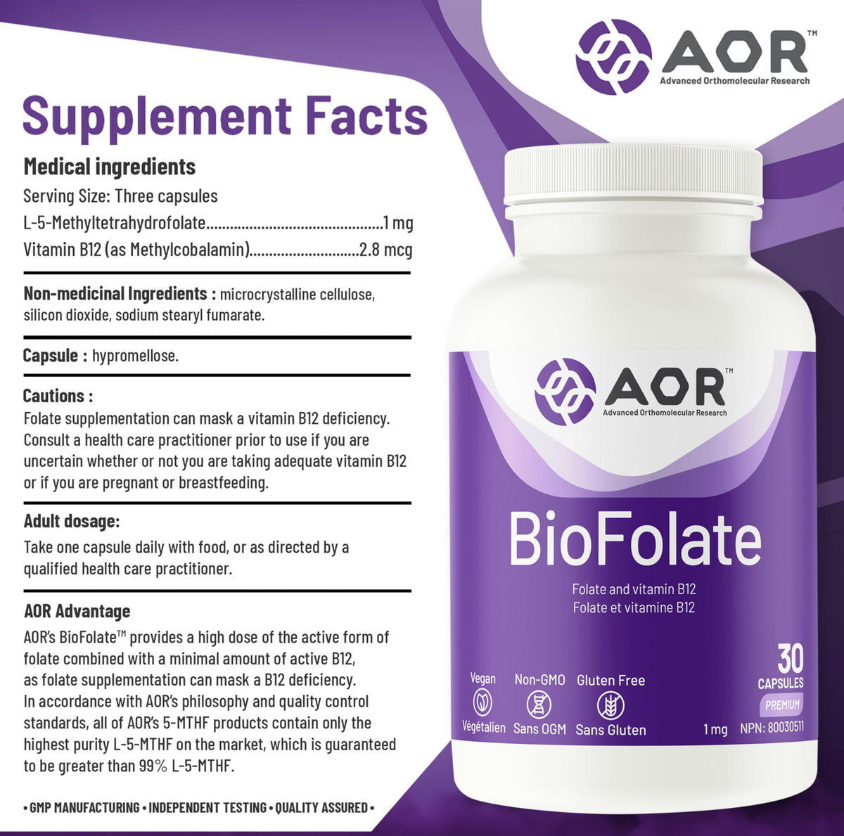 AOR BioFolate 1mg Methylfolate Supplement, B12, Vegan, Gluten Free, 30 Caps