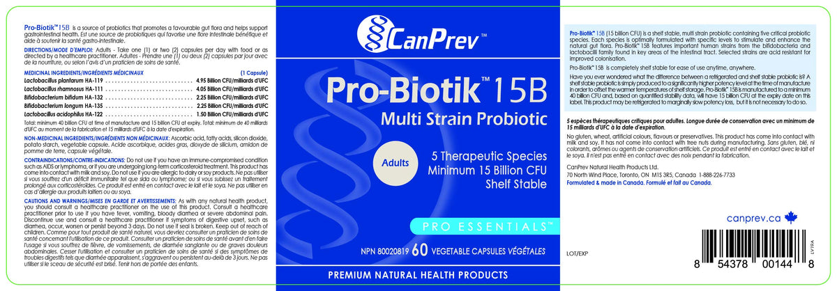 CanPrev Probiotic, Pro-Biotik 15 Billion CFU, 5 Strains, 60 Day Supply