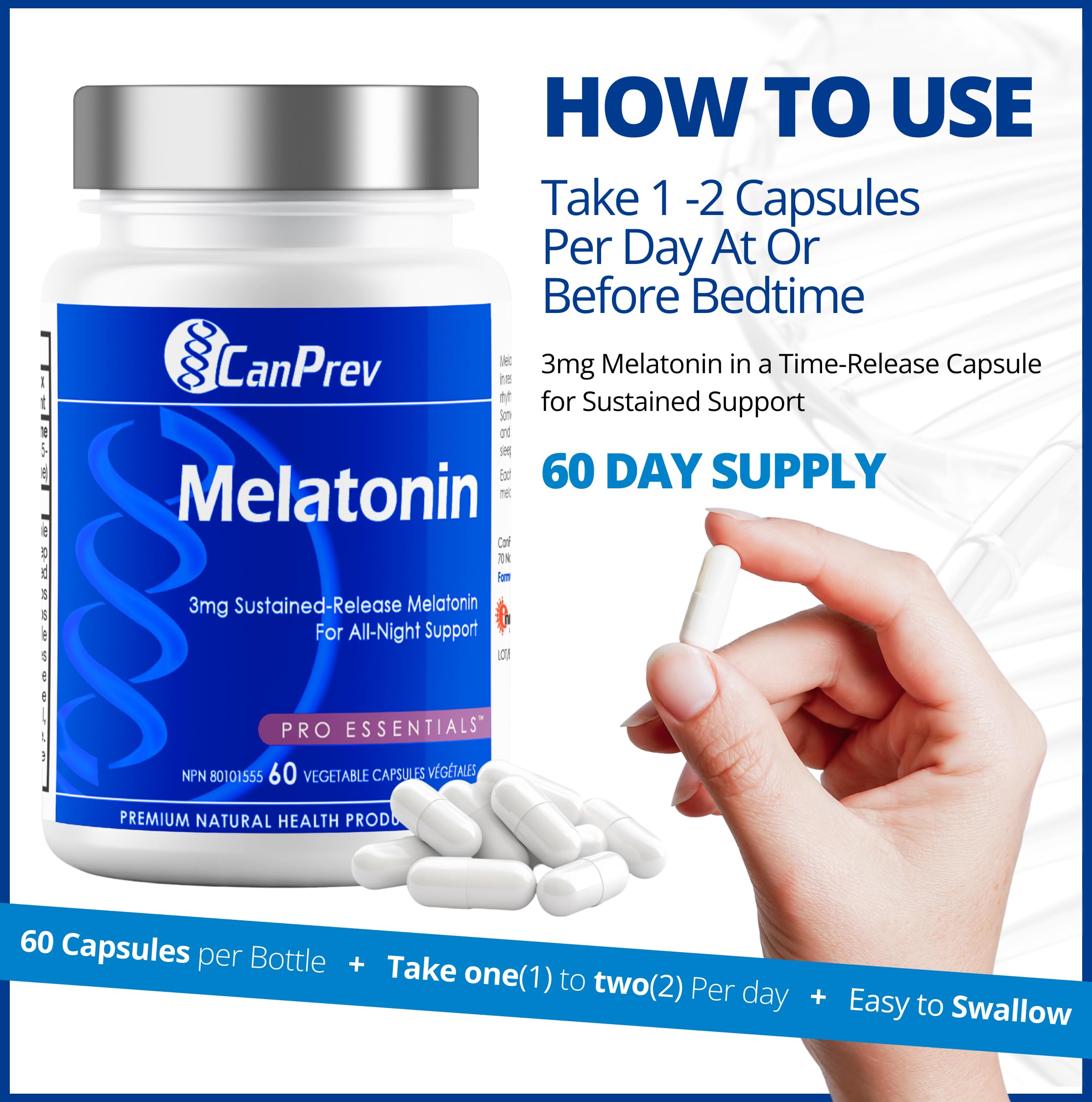 CanPrev Pure Melatonin 3 mg Sustained-Release, 60 Vegan Caps 60-Day Supply - Supports Restful & Extended Sleep Management, Travel Adjustments & Natural Sleep Rhythm - Melatonin Supplement for Adults