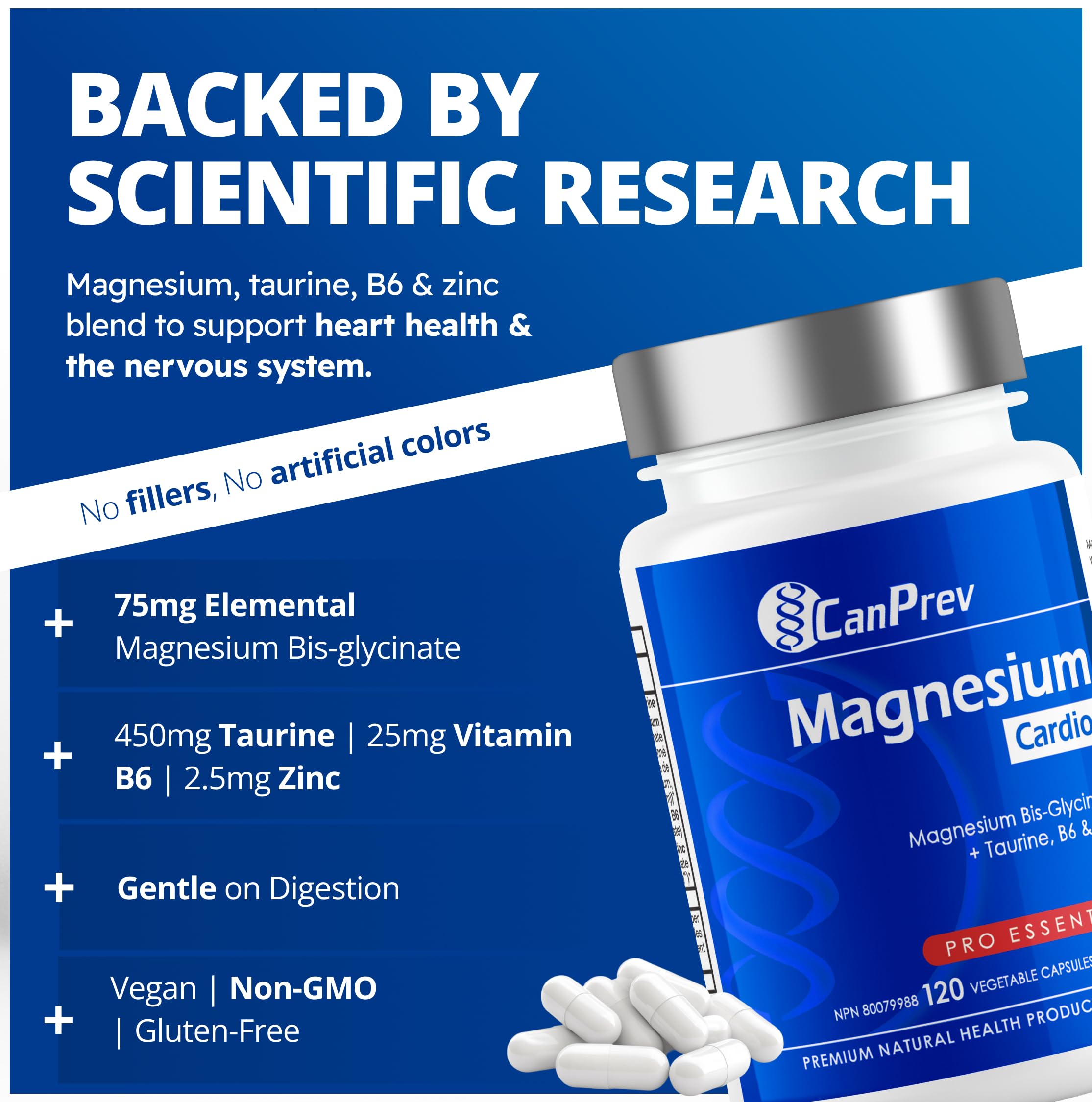 CanPrev Magnésium + Taurine, B6 et Zinc, 120 V-Caps, pour 30 jours – Formule de bisglycinate de magnésium pur, soutien de la fonction cardiaque et de la relaxation, supplément de taurine pour le calme et la vitalité – Convient aux végétaliens