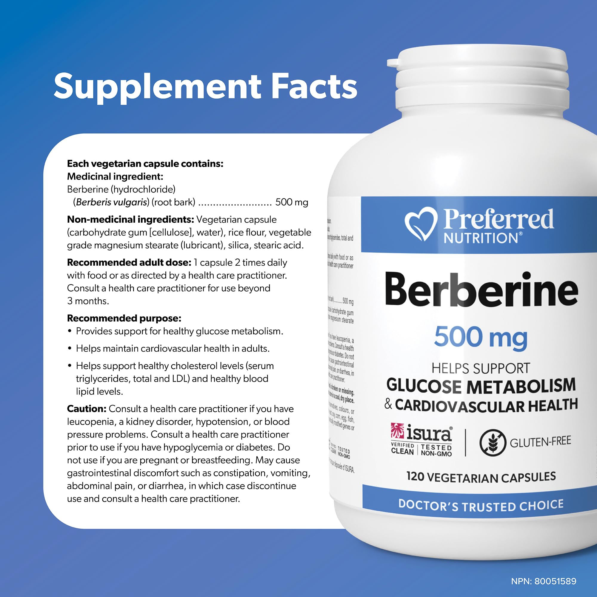 Preferred Nutrition Berberine MAXIMUM POTENCY 1000 mg per Serving (2 caps, 500 mg each), Vegetarian Capsules, Canadian Company