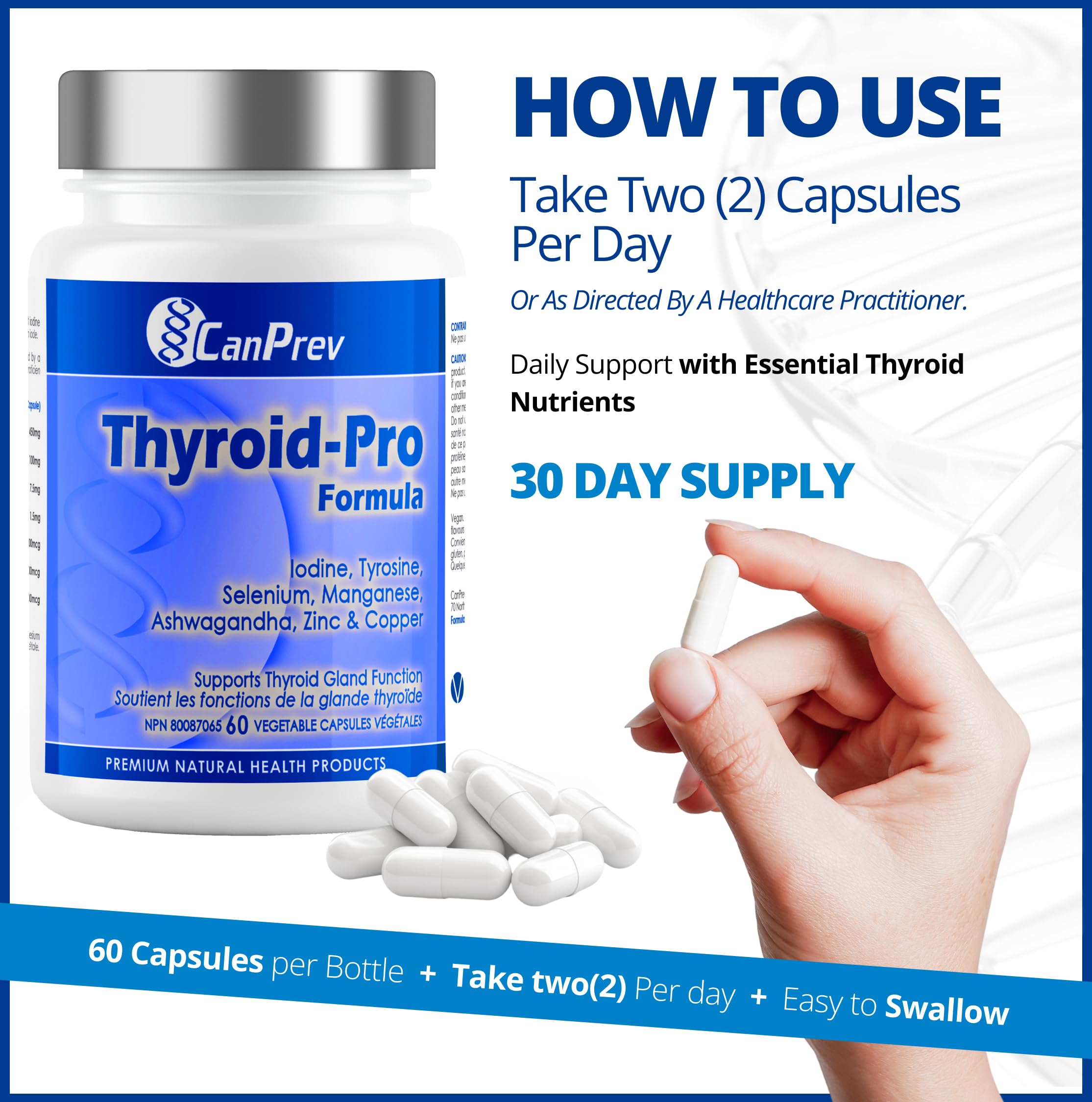 CanPrev Formule Thyro-Pro, 60 capsules végétaliennes, 30 jours – Mélange de nutriments et d'herbes – Soutient la fonction thyroïdienne et prévient les carences en fer – Sans produits laitiers, sans gluten, sans OGM et sans soja