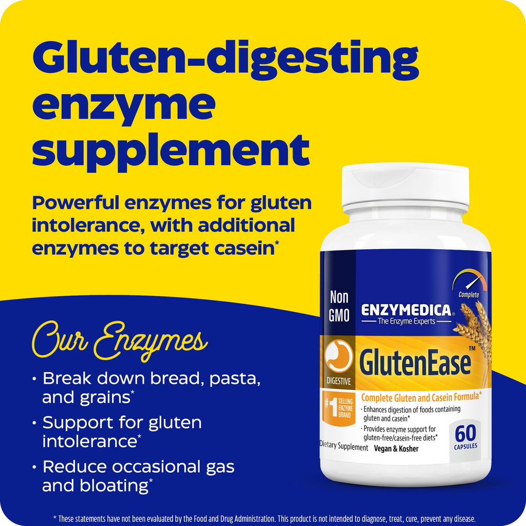 Enzymedica - GlutenEase, 60 Vegan Capsules, 60-Day Supply - Advanced Enzyme Blend for Enjoying Gluten & Casein-Containing Foods with Comfort, Promotes Easy Digestion, Kosher, Dairy, Gluten & Soy Free
