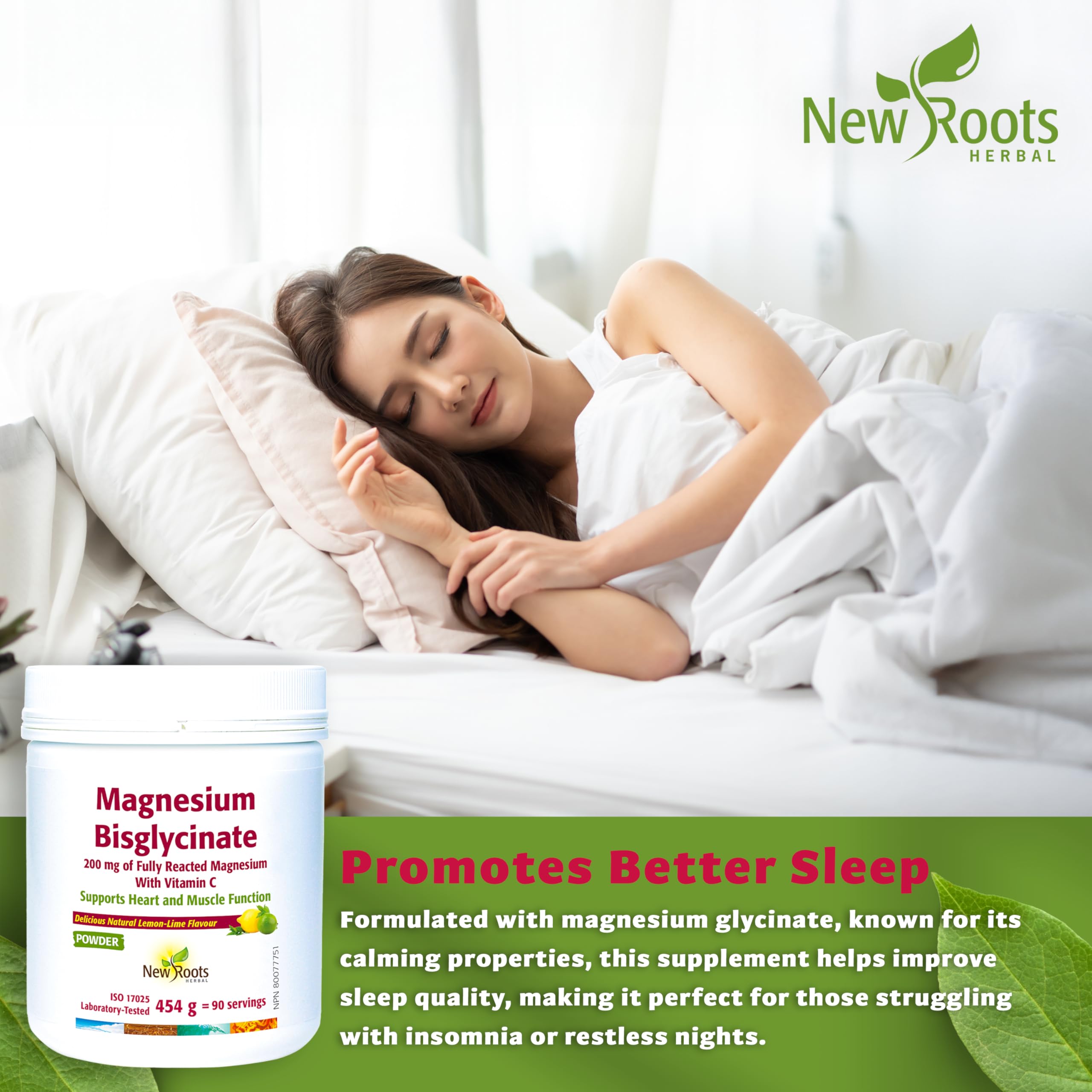 New Roots Herbal - Magnesium Bisglycinate Powder, Lime Flavor Drink Mix - Pure Magnesium Glycinate with Vitamin C for Sleep, Support Heart Health, Muscles Function, Bone & Metabolism