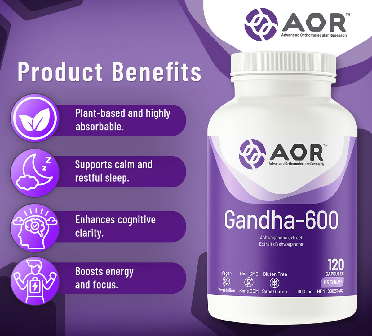 AOR Gandha-600 Organic Ashwagandha Supplement, 600 mg, 120 Capsules