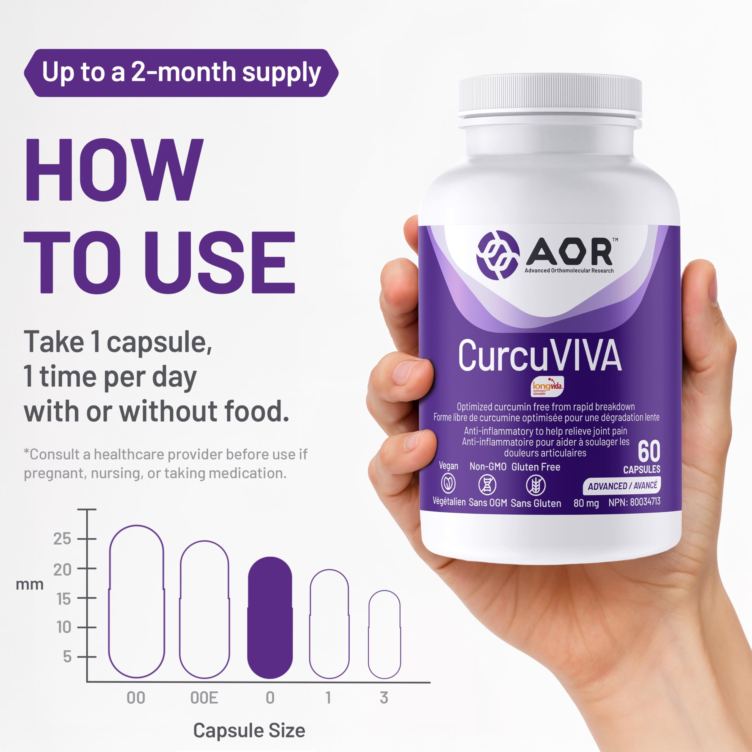 AOR CurcuVIVA 80mg, 60 Caps 60-Day Supply - Curcumin Longvida Formula for Joint Support & Comfort, Immune Support, Enhanced Absorption Turmeric Curcumin Supplement - Vegan, Non-GMO and Gluten-Free