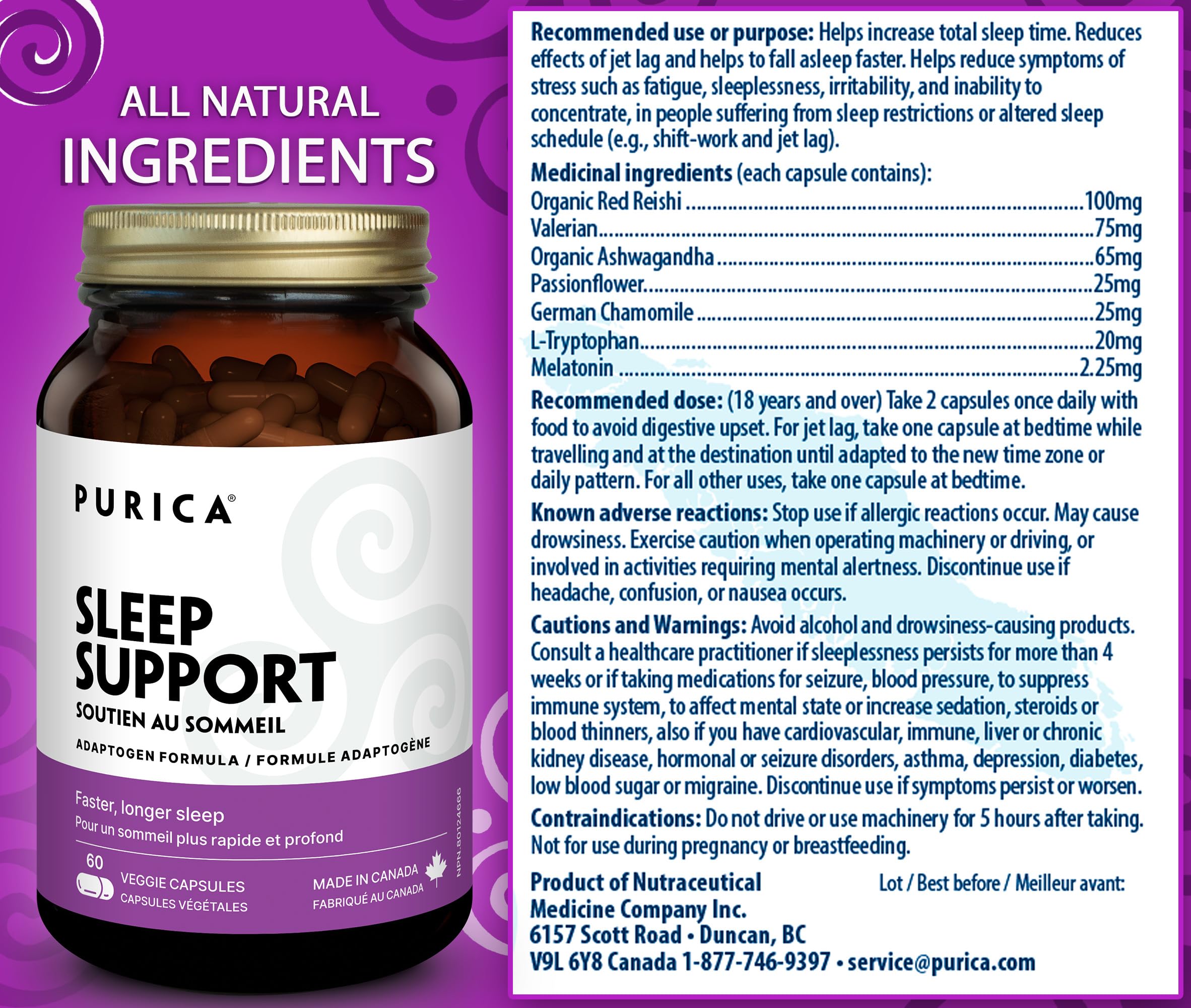 PURICA Sommeil Paisible, Aide à Favoriser des Nuits Reposantes et un Voyage Facile, Contient des Champignons Reishi Rouges, de l'Ashwagandha Biologique et de la Mélatonine, Formule Sans Gluten et Sans OGM