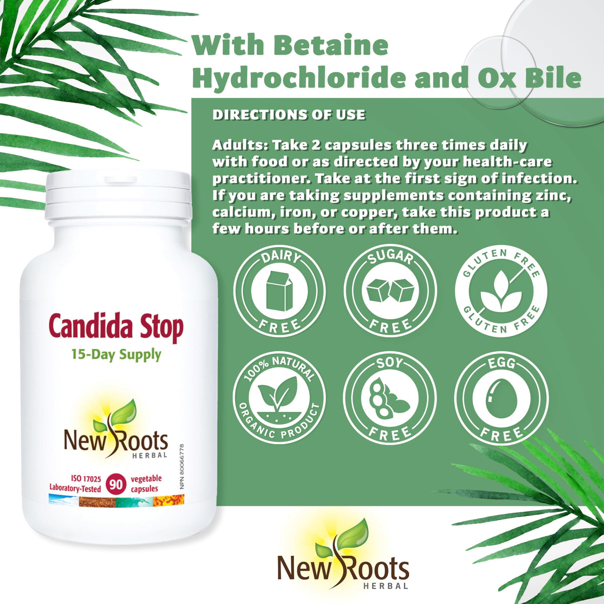 New Roots Herbal Candida Stop 90 Capsules, Black Walnut, Caprylic Acid