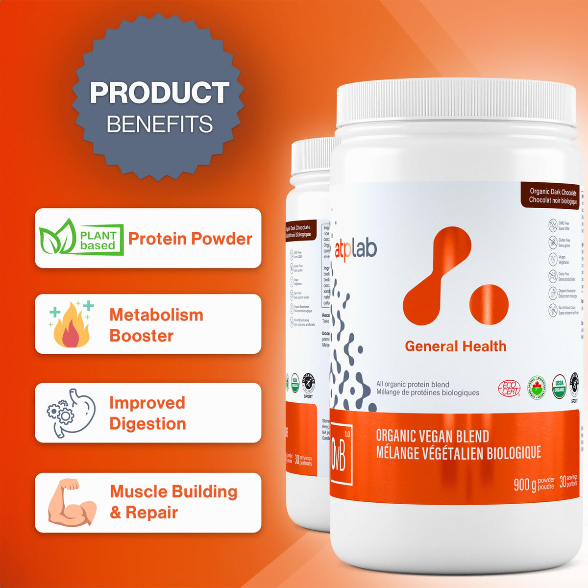 atplab Organic Vegan Blend Chocolate Plant Based Protein Powder, 900g