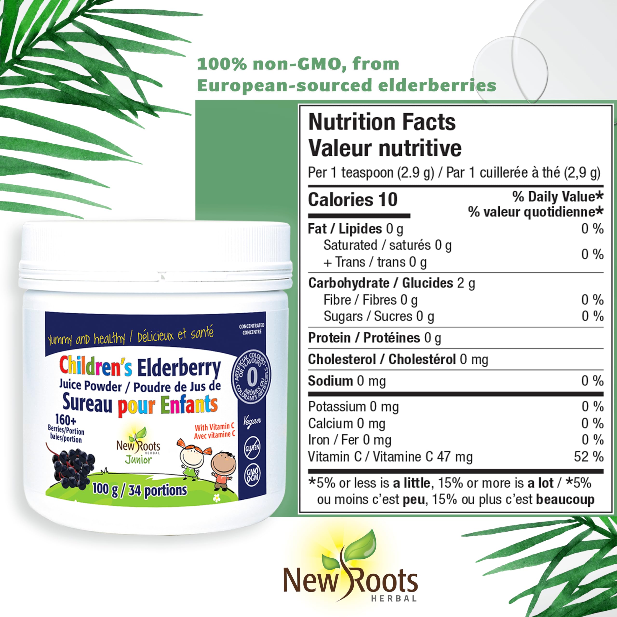 New Roots Herbal - Children's Elderberry Juice Powder with Rich in Vitamin C, 100g 34-Servings - 160+ Berries Per Portion, Pure Elderberry Supplement for Kids - Overall Wellness for Children - Vegan
