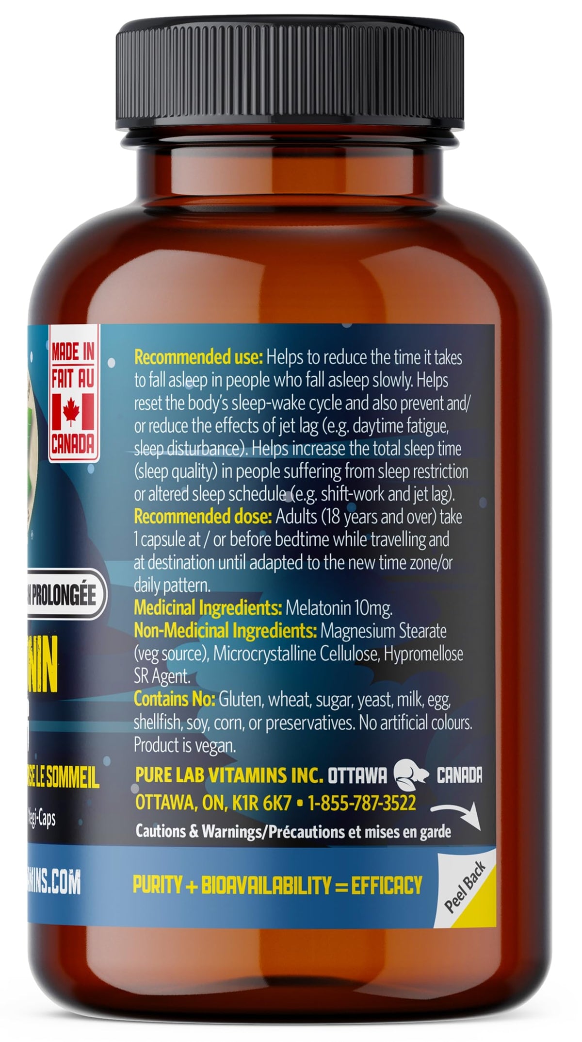 Pure Lab Vitamins - Melatonin Slow Release 10mg, 60 Vegi-Caps - Natural Melatonin Supplement for Sleeping - Jet Lag Relief and Night Time Sleep Aid for Adults - Promotes Sleep Support Supplement