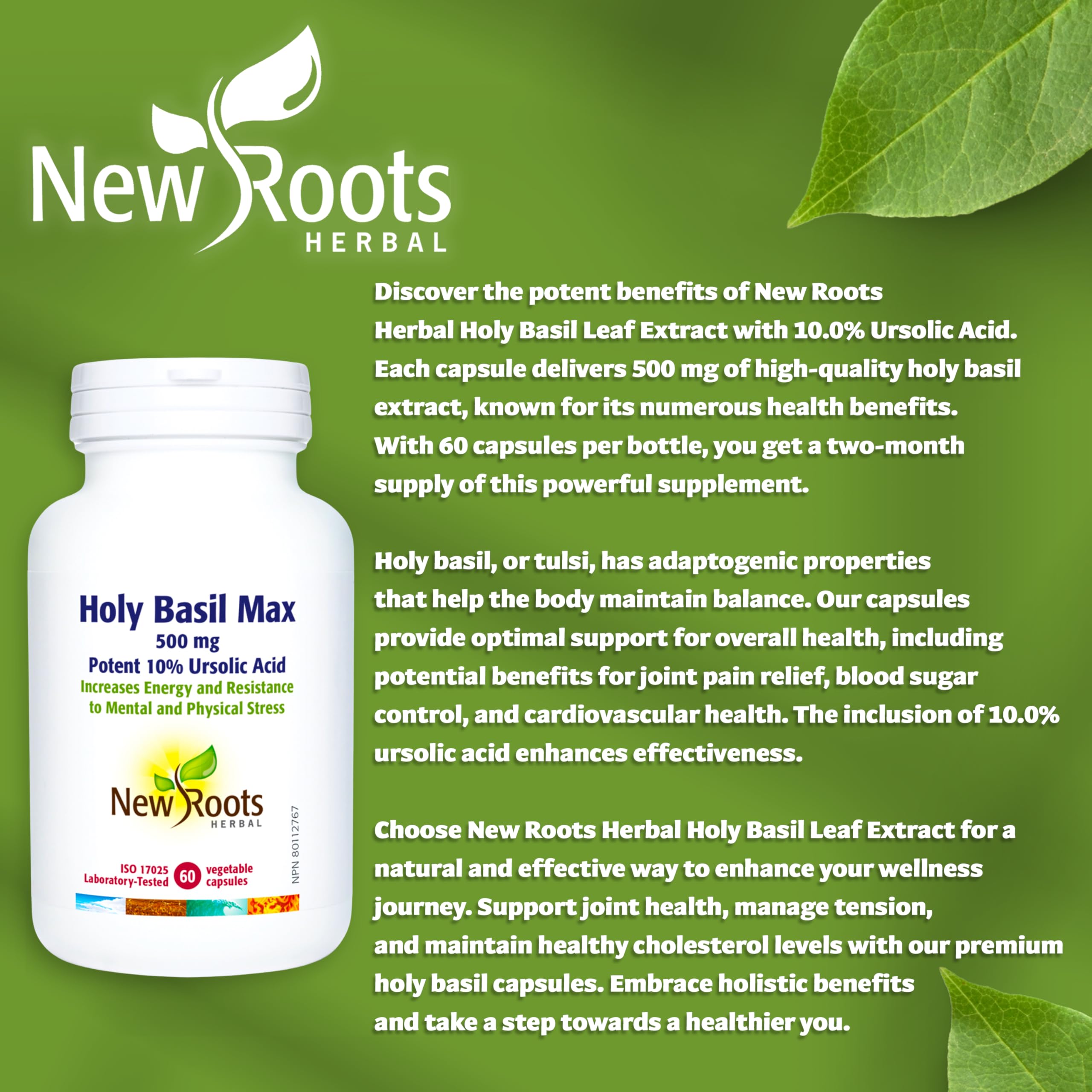 New Roots Herbal - Holy Basil Leaf Extract with Ursolic Acid 500mg 60 Caps 30-Day Supply - Healthy Supplement for Joint Support and Cholesterol Management - Organic Tulsi Capsules for Overall Wellness
