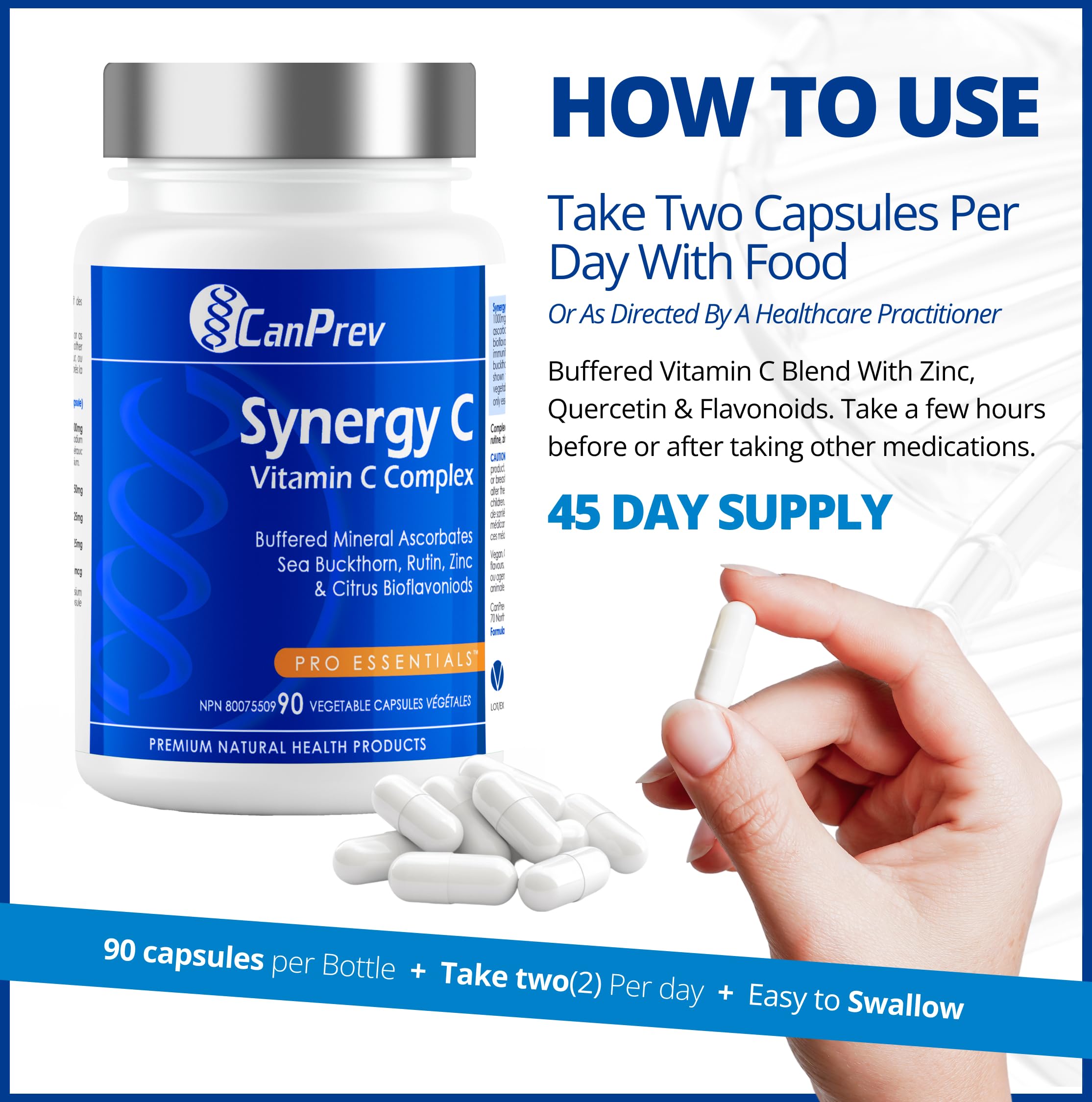 CanPrev Synergy C, Complexe de vitamine C, 90 capsules végétales, approvisionnement de 45 jours - Ascorbates minéraux tamponnés, argousier, bioflavonoïdes d'agrumes et citrate de zinc - Soutient les antioxydants - Végétalien, sans OGM et sans gluten