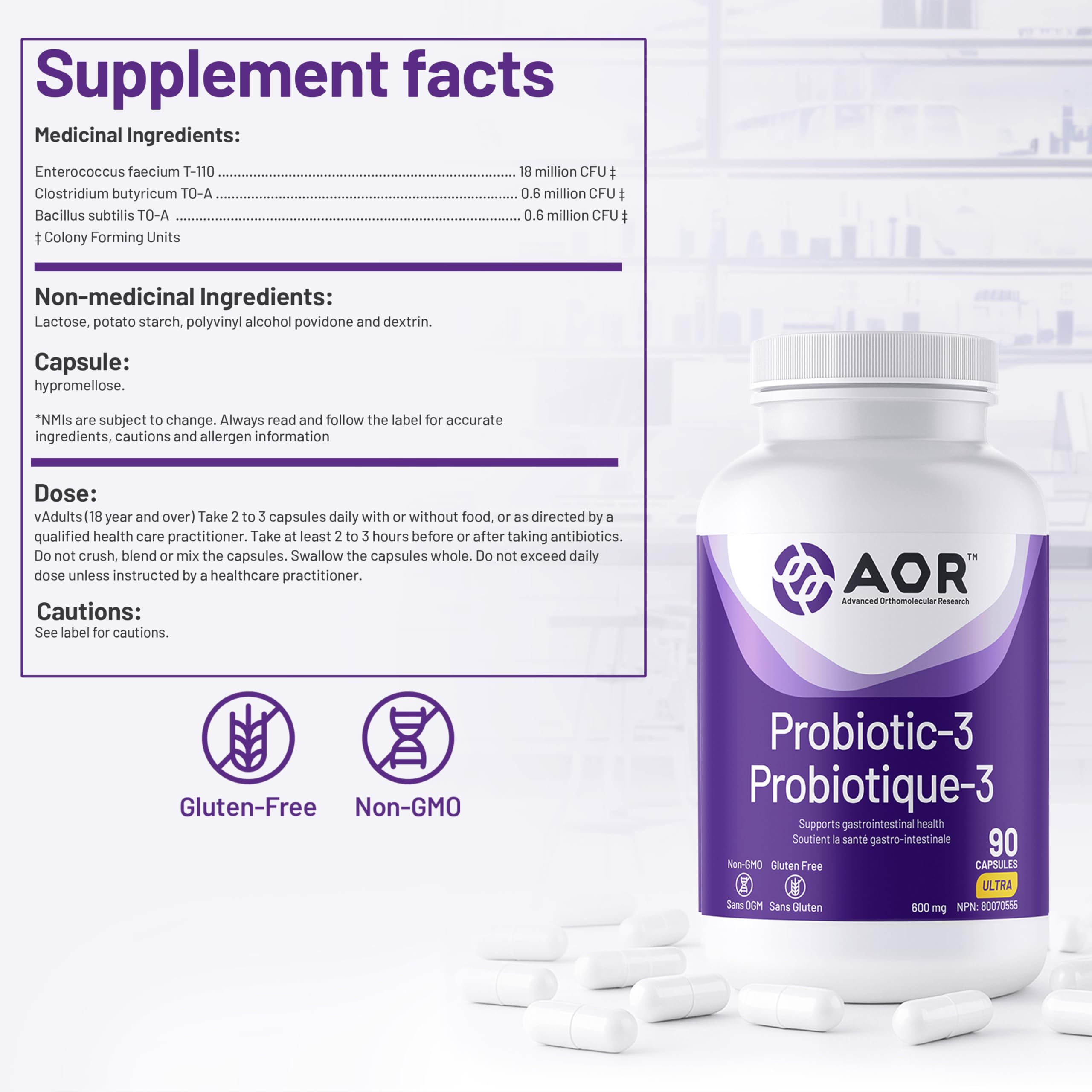 AOR Probiotic 3 - Gut Health Complex for Women & Men, Supports Digestive and Immune System, Contains Probiotics and Digestive Enzymes, Ideal for Balanced Intestinal Flora