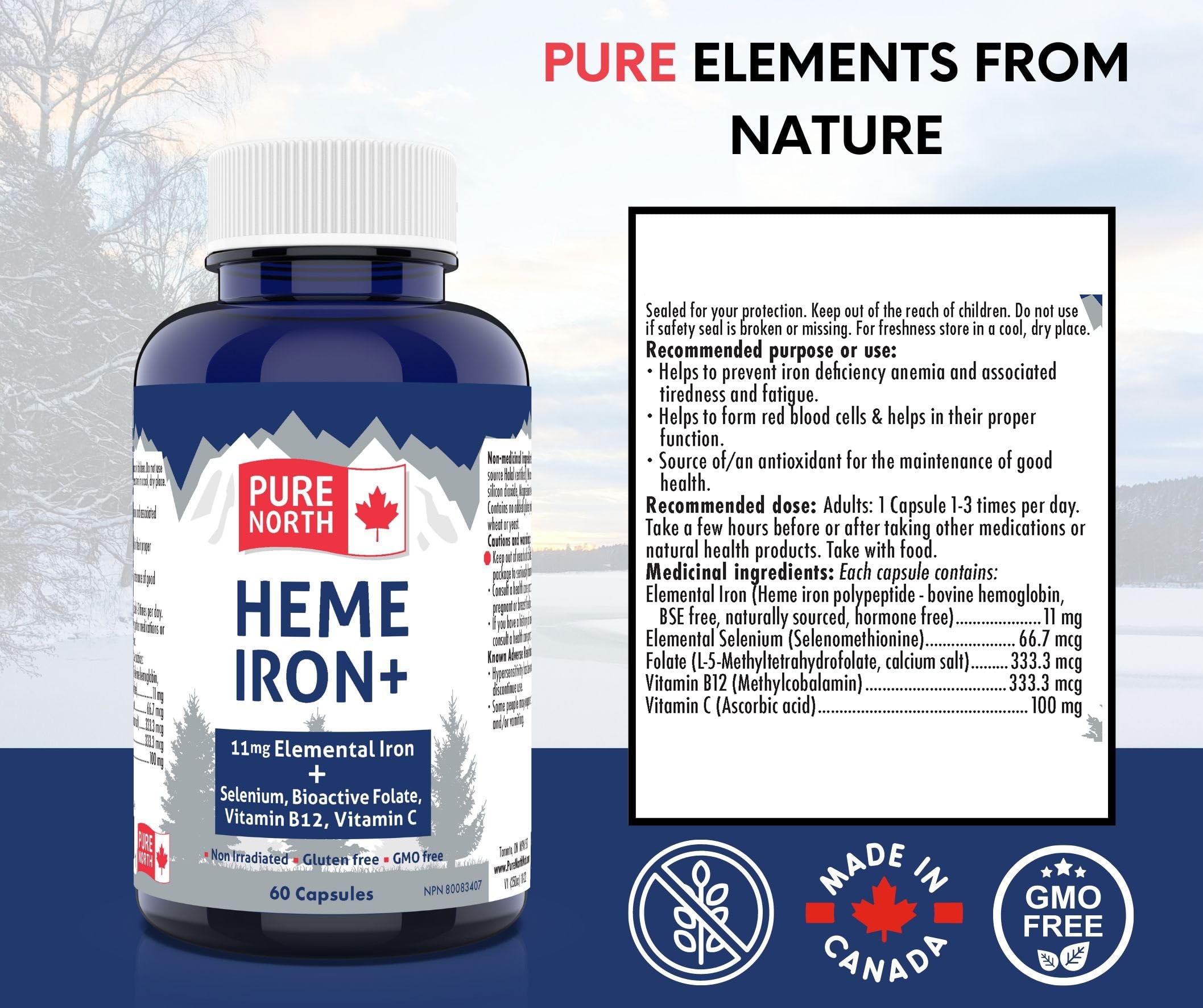 Pure North Naturals - Heme Iron Supplement, 60 Capsules 60-Day Supply - 11mg Elemental Iron + Selenium, Bioactive Folate, Vitamin B12, Vitamin C - 3rd Party Tested - Formulated & Made in Canada