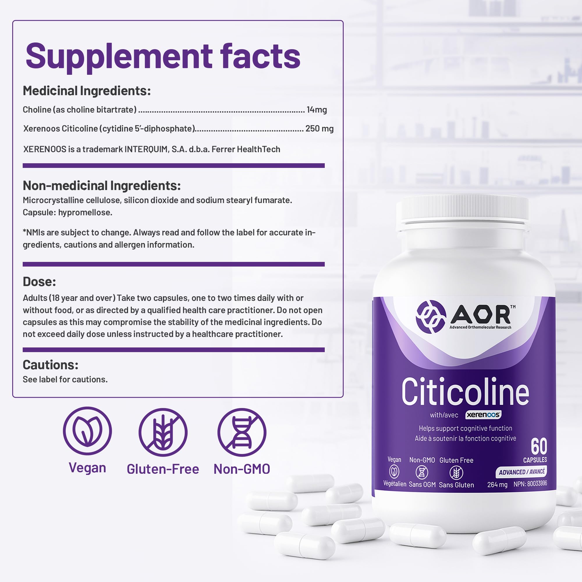 AOR Xerenoos Citicoline, complément avec Bitartrate de choline, 60 capsules, cure de 30 jours – Favorise les fonctions cognitives, la concentration et la mémoire – Soutien des phospholipides pour la santé du cerveau – Sans OGM, végétalien et sans gluten