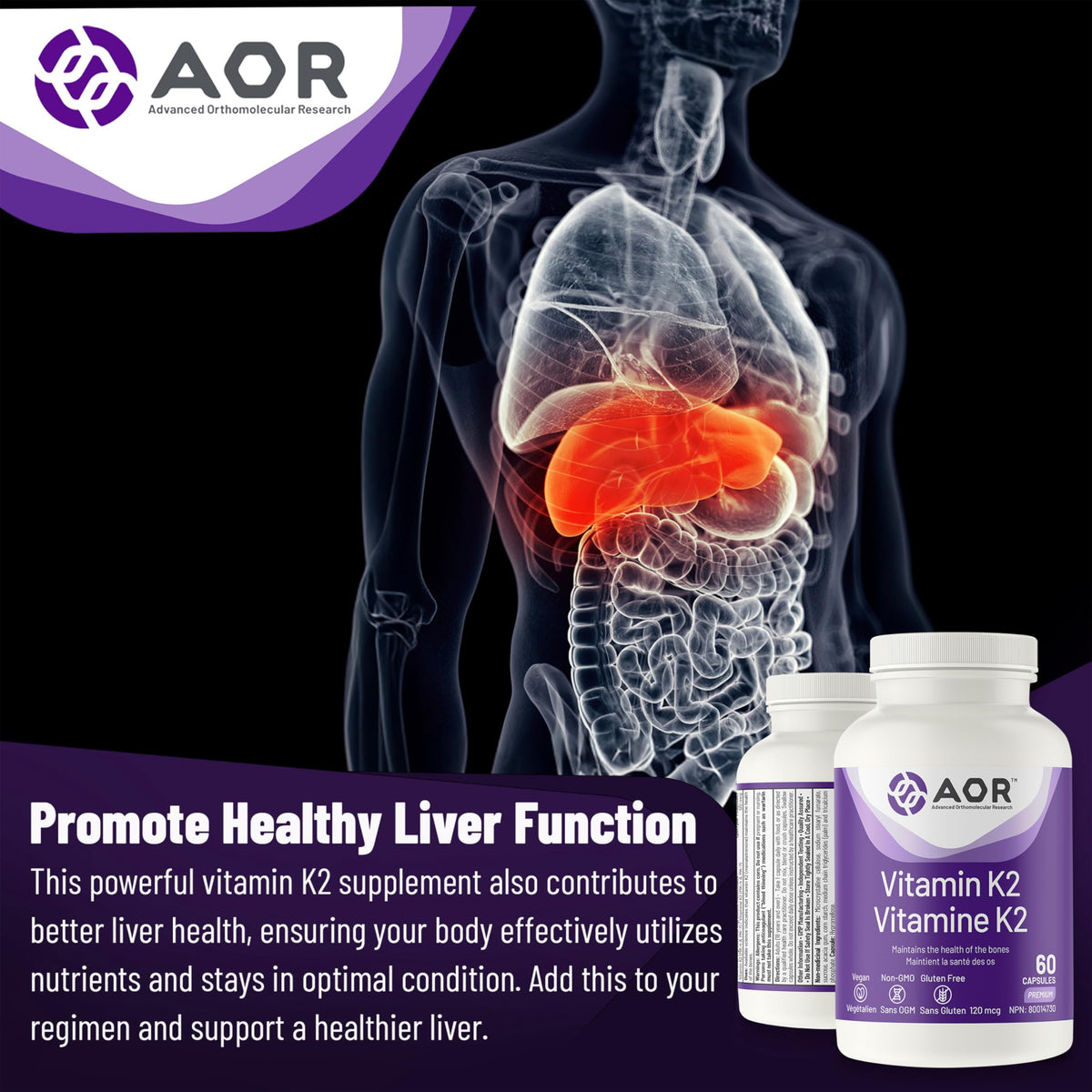AOR Vitamin K2 MK-7 Vegan Capsules for Adults, MK-4 & MK-7, 60 Day Supply
