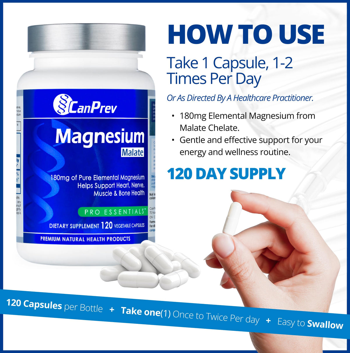 CanPrev Magnesium Malate 180 mg, Magnesium Supplement, 120 Day Supply