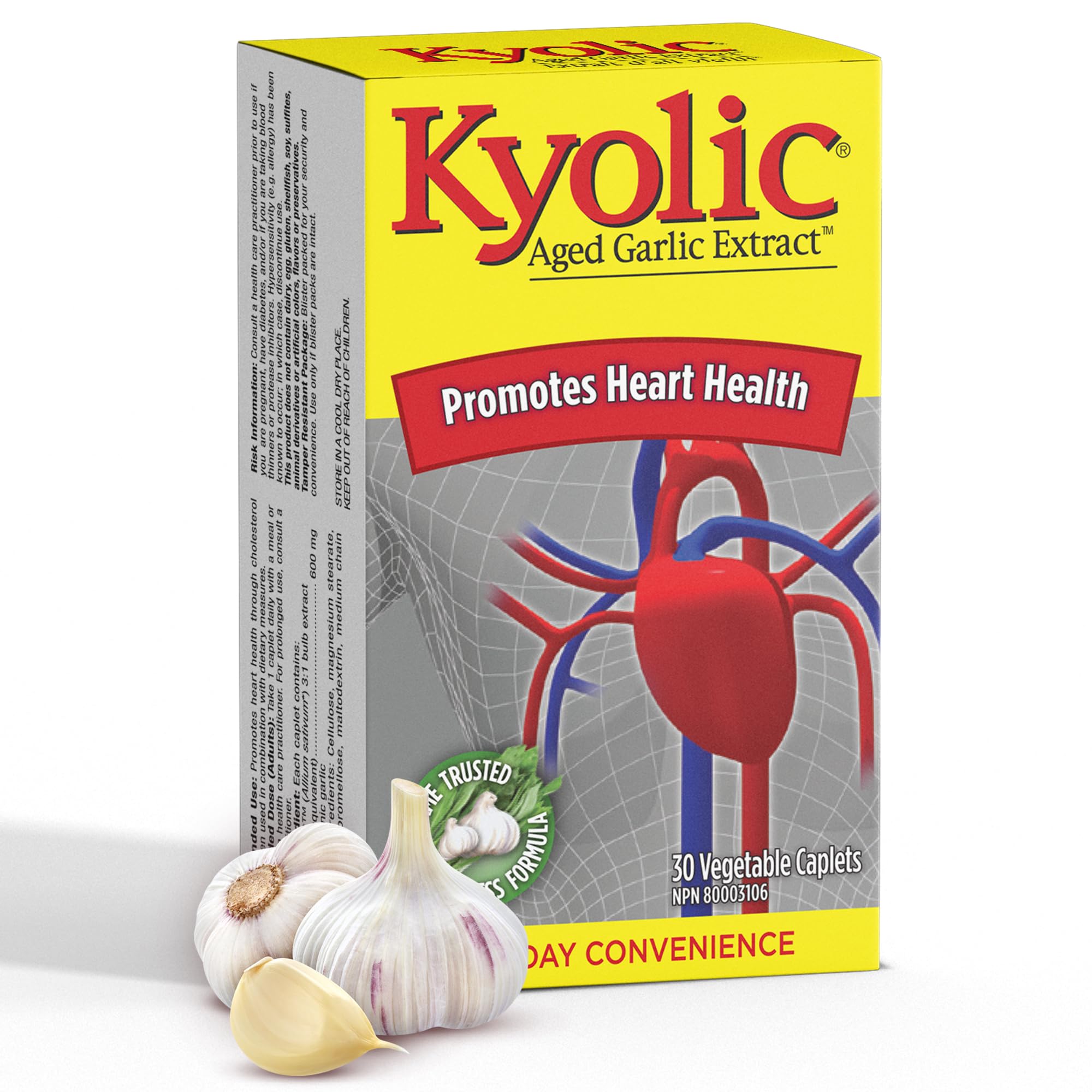 Kyolic - Kyolic Aged Garlic Extract 600mg, 30 Veg Caplets - Kyolic Cardiovascular Health, Cardio Heart Health, Immune System Support and Inflammation Supplements - Odorless Garlic Supplements