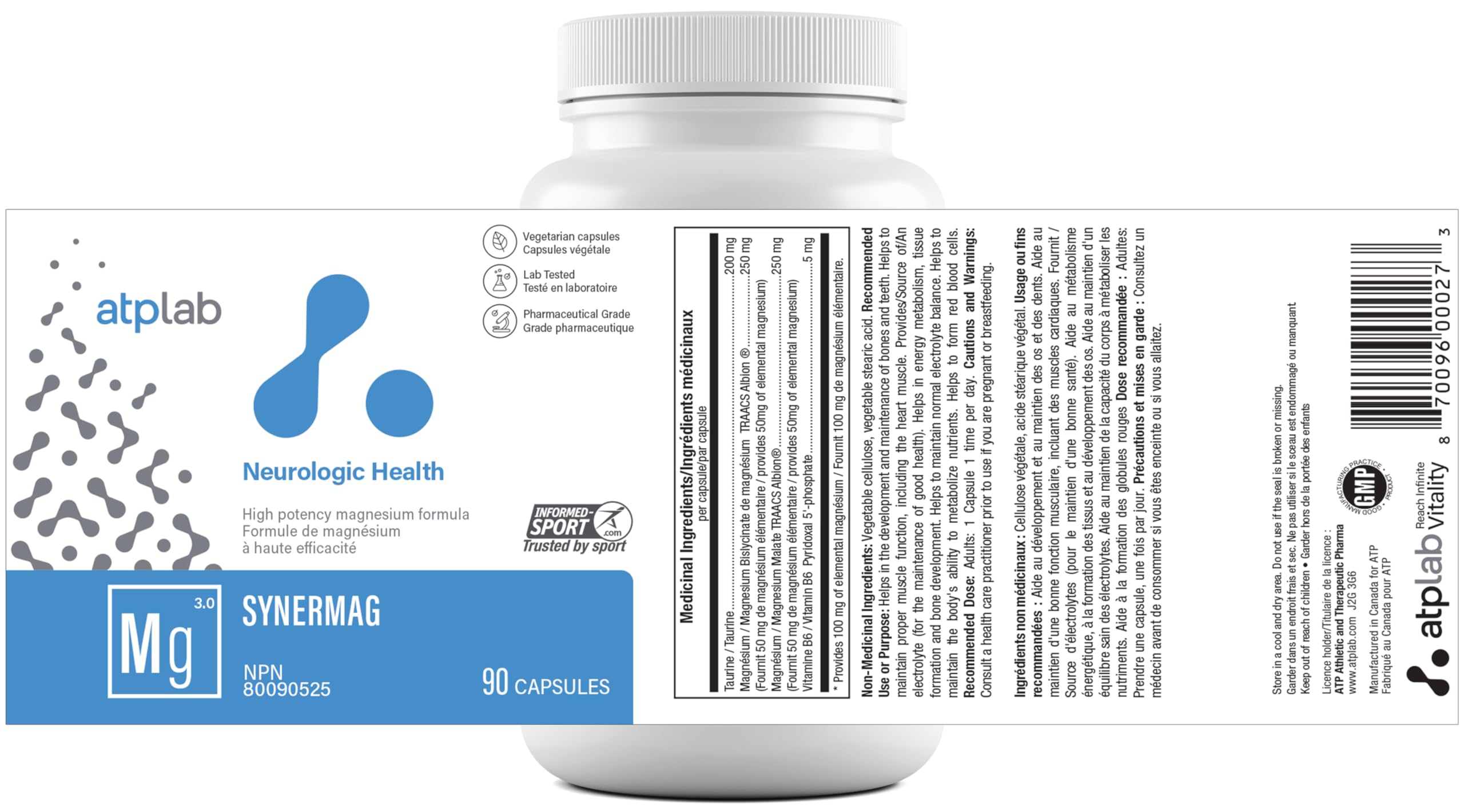 ATP LAB - Synermag 90 gélules - Cure de 90 jours - Bisglycinate et malate de magnésium, taurine et vitamine B6 hautement concentrés - Santé des os, des muscles et des dents