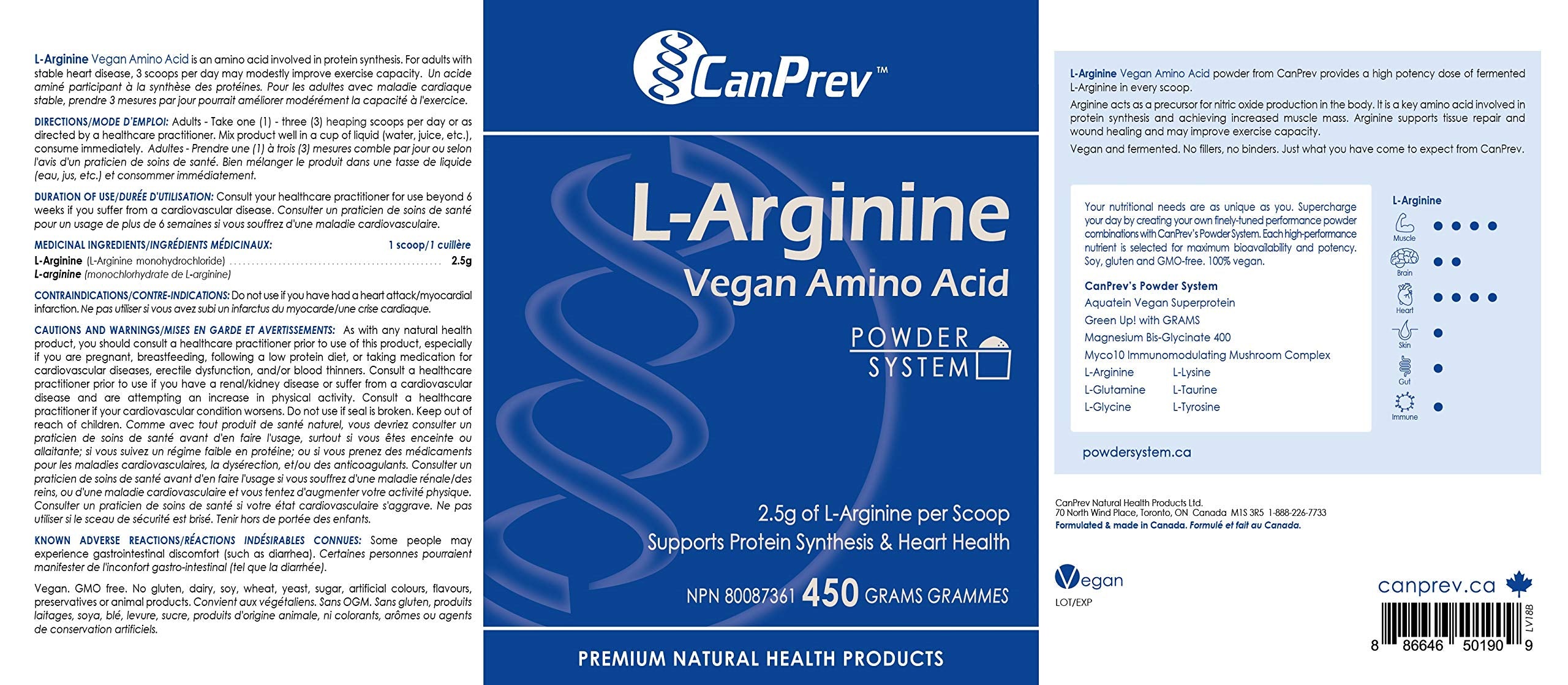 CanPrev L-Arginine Poudre d'Acides Aminés Végétalienne 450g 180 Portions - Soutient la Synthèse Protéique et la Santé Cardiaque - 2.5g de L-Arginine Par Cuillère - Améliore la Performance Athlétique et l'Énergie - Facile à Mélanger Avant l'Entraînement