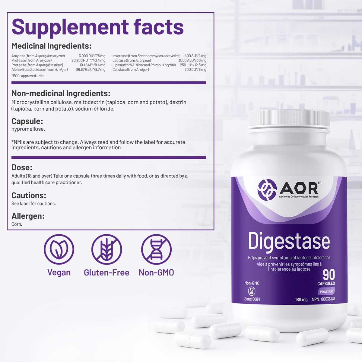 AOR Digestase Digestive Enzymes Supplement for Gas & Bloating, 90 Capsules
