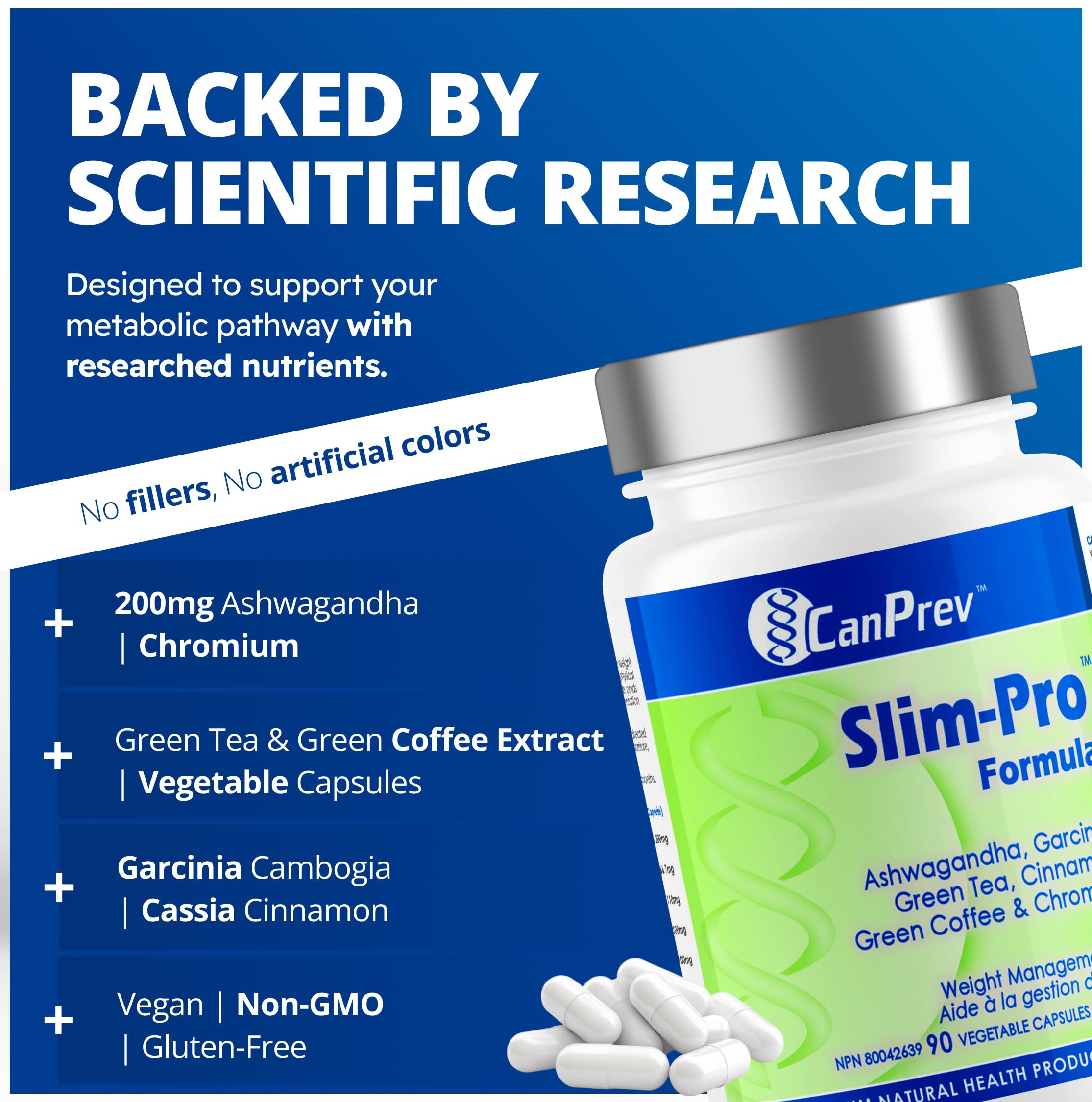 CanPrev Slim-Pro Formule 90 V-Caps, 1 mois d'approvisionnement - Complément d'Ashwagandha, d'extrait de thé vert, de Garcinia et de cannelle, soutient les objectifs de bien-être, l'équilibre et complète un mode de vie sain - Convient aux végétaliens