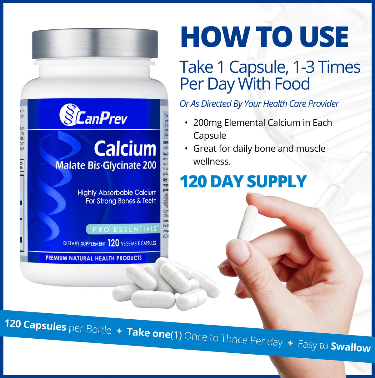 CanPrev Calcium Supplements, Bis-Glycinate Capsules, 200 mg, 120 Capsules