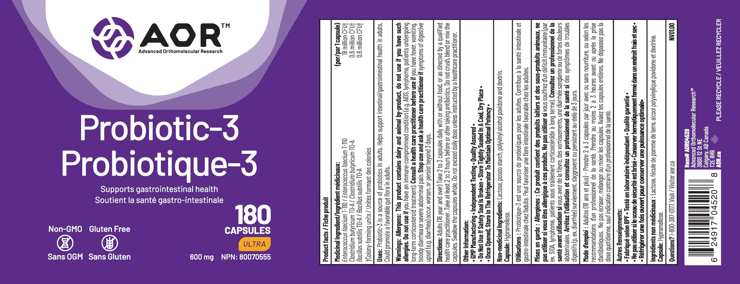 AOR Probiotic 3 - Gut Health Complex for Women & Men, Supports Digestive and Immune System, Contains Probiotics and Digestive Enzymes, Ideal for Balanced Intestinal Flora