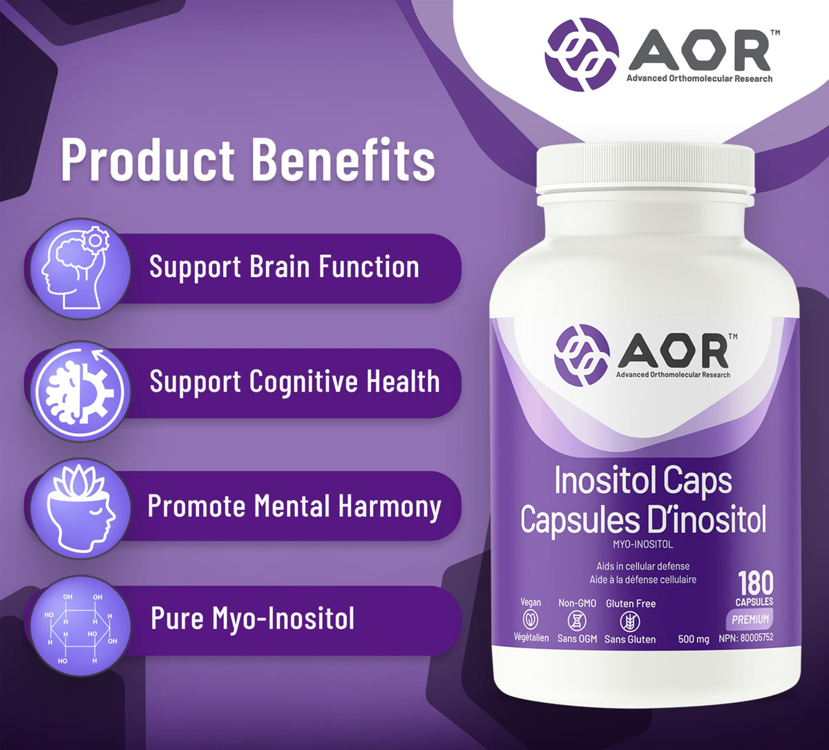 AOR Inositol Supplement, Myo-Inositol Supplement, 180 Caps, 6 Months Supply