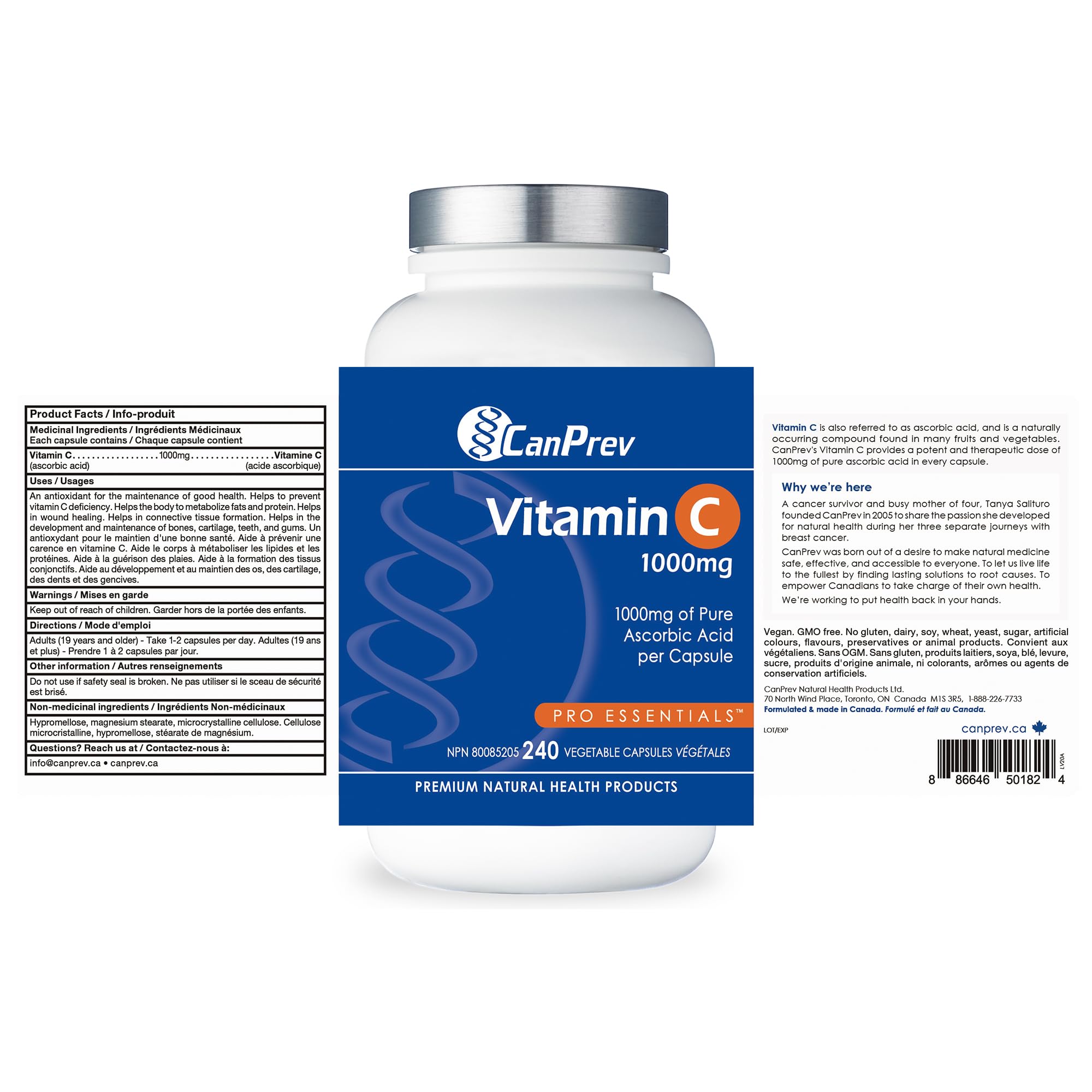 CanPrev Vitamin C 1000mg 240 Veg Caps 240-Day Supply, Daily Antioxidant Support, Helps Maintain Strong Bones, Teeth & Gum, Pure Ascorbic Acid, Gentle on Digestion - Vegan, Gluten, Dairy and Soy Free