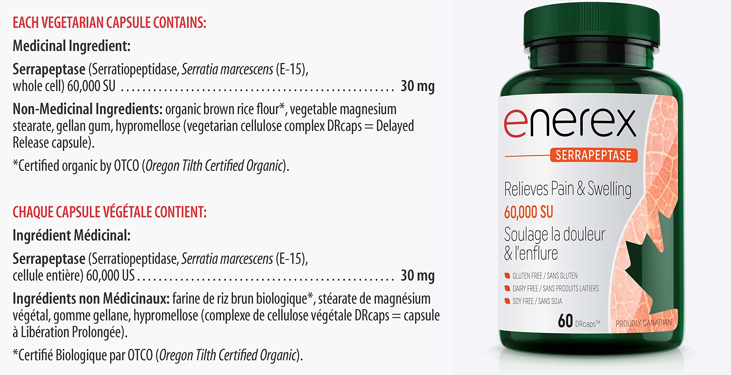 ENEREX - Serrapeptase 60,000 SU, 60 DRcaps 60-Day Supply - Relieves Pain and Swelling - Gluten and Dairy-Free - Reduces Pain, Quantity of Secretion and Stuffy Nose - Mucolytic Enzyme Relives