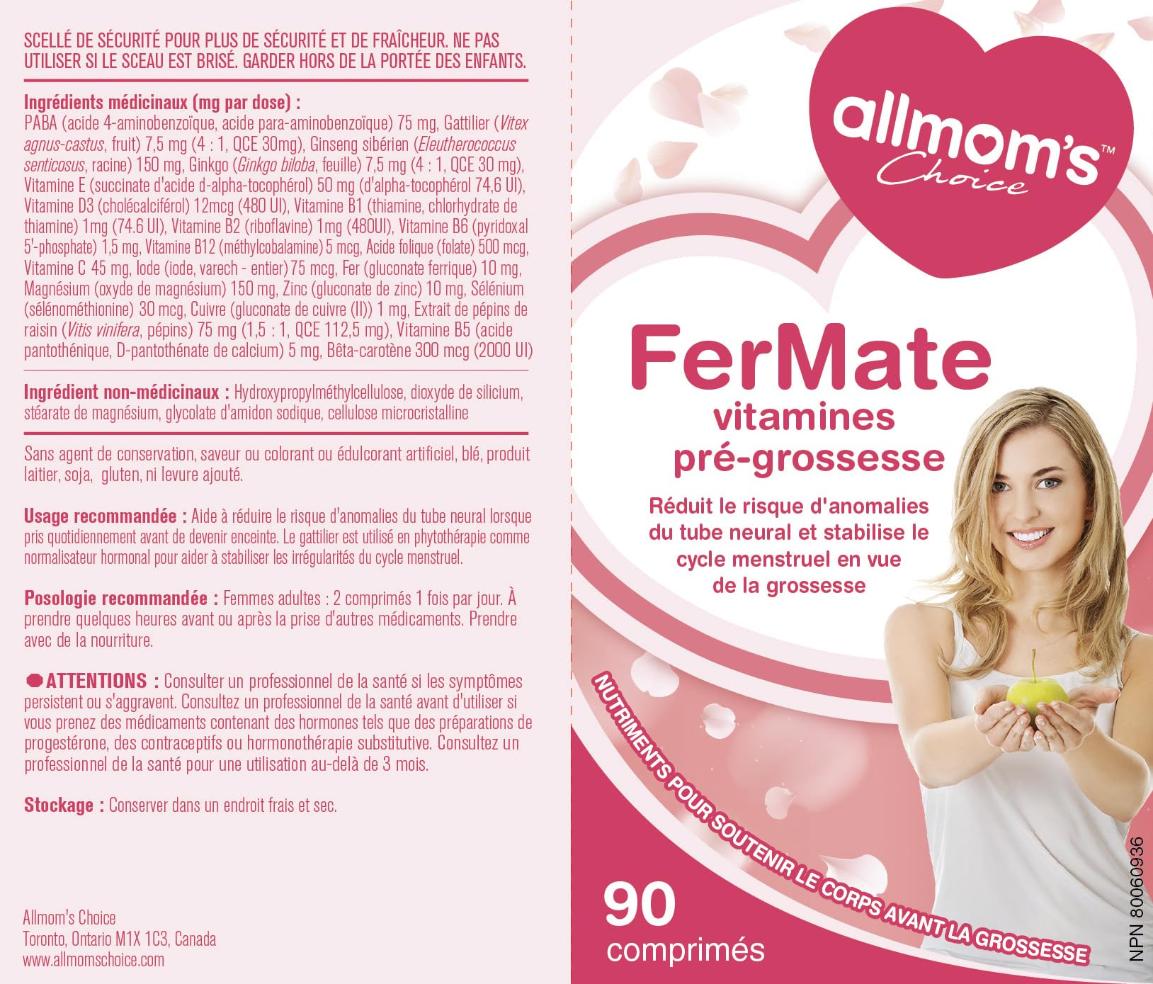 Vitamines prénatales fertilité pour femmes qui essaient de concevoir, favorise des cycles sains, aide à la fertilité - Vitex (gattilier), PABA, Folate Acide Folique 500mcg, B12, Zinc - 45 jours d'approvisionnement - Allmom's Choice