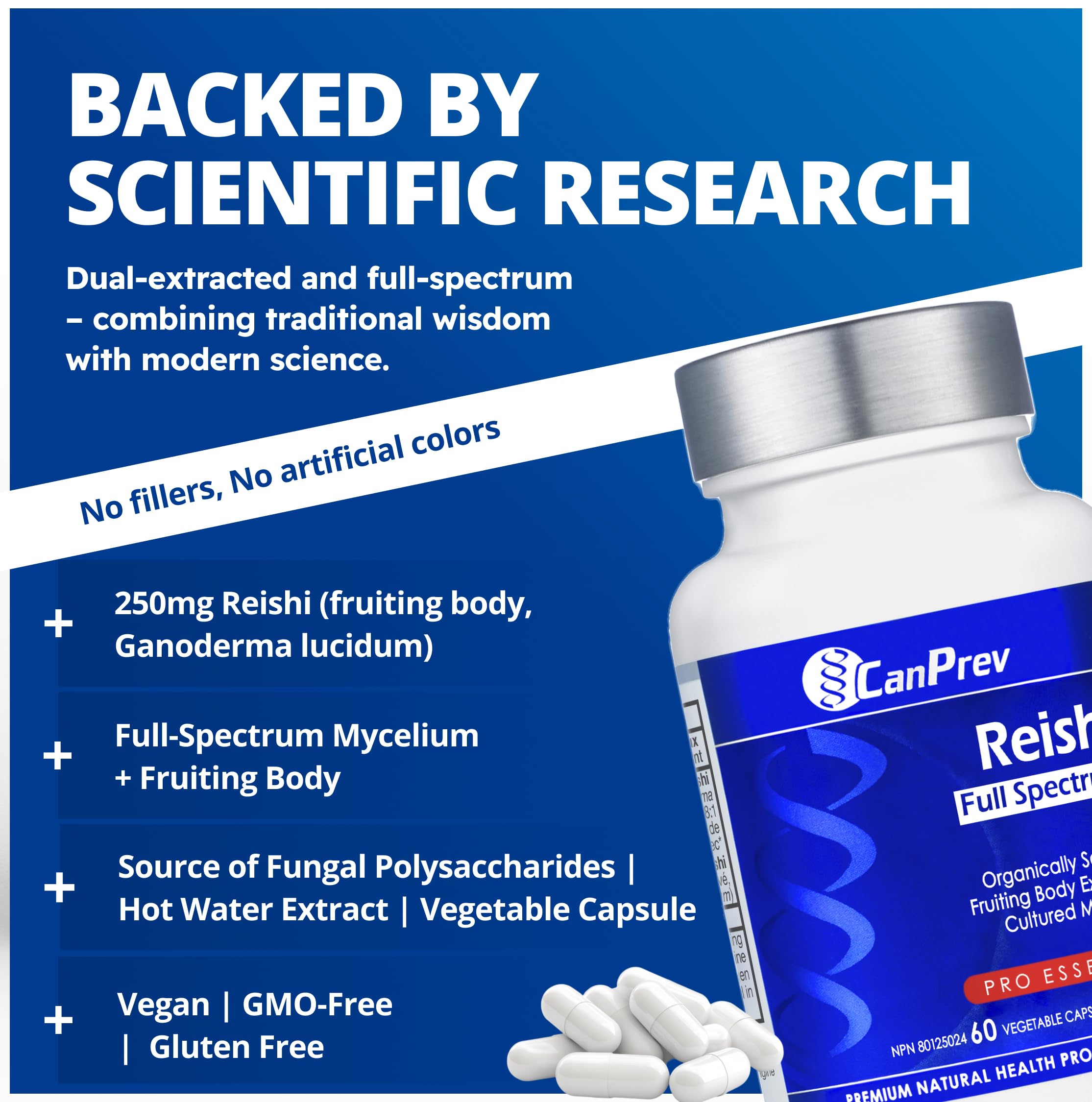 CanPrev Reishi Full Spectrum Mushroom Supplement, 60 Veg Capsules 60-Day Supply with Fruiting Body & Mycelium, Supports Restful Nights & Natural Wellness, Vegan, Free from GMO, Gluten, Sugar & Dairy