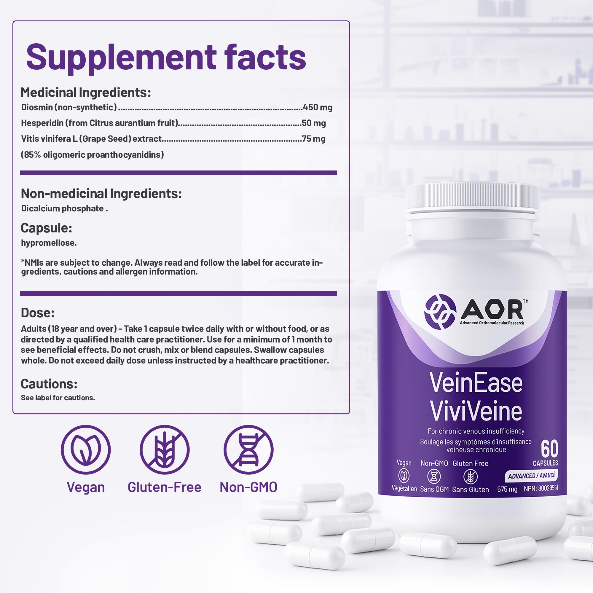 AOR VeinEase 575mg, 60 Vegan Caps 30-Day Supply - Diosmin Hesperidin Supplement, Vitis Vinifera & Grape Seed Extract for Comfortable Legs, Promotes Healthy Vein Function - Vegan, Non-GMO & Gluten-Free