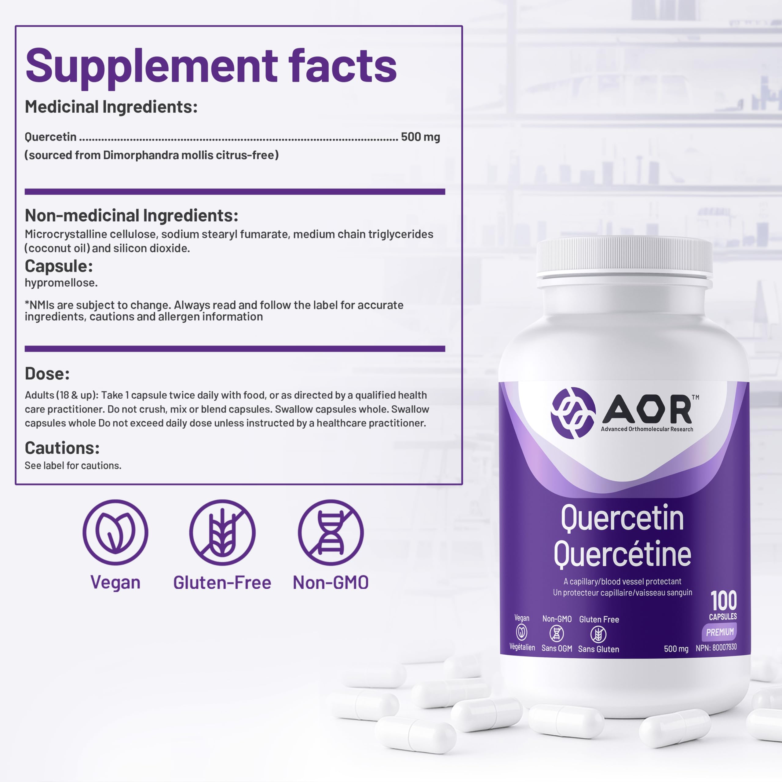 AOR Quercetin 500 mg, 100 Caps 50-Day Supply - Vegan, Non-GMO & Gluten-Free - Quercetin Supplement for Seasonal Discomfort, Clear Breathing, Promote Circulation, Immune Support & Balanced Blood Sugar