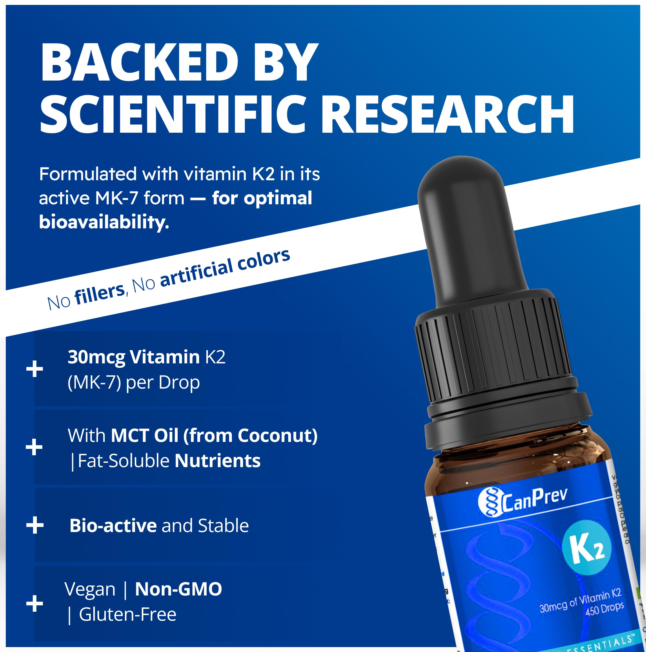 CanPrev K2 Gouttes, 15 ml, 300 portions, 30 mcg de vitamine K2 MK-7 liquide, soutient la solidité des os et la santé cardiovasculaire, végétalien, formule non aromatisée avec de l'huile MCT pour une utilisation et une absorption optimales du calcium