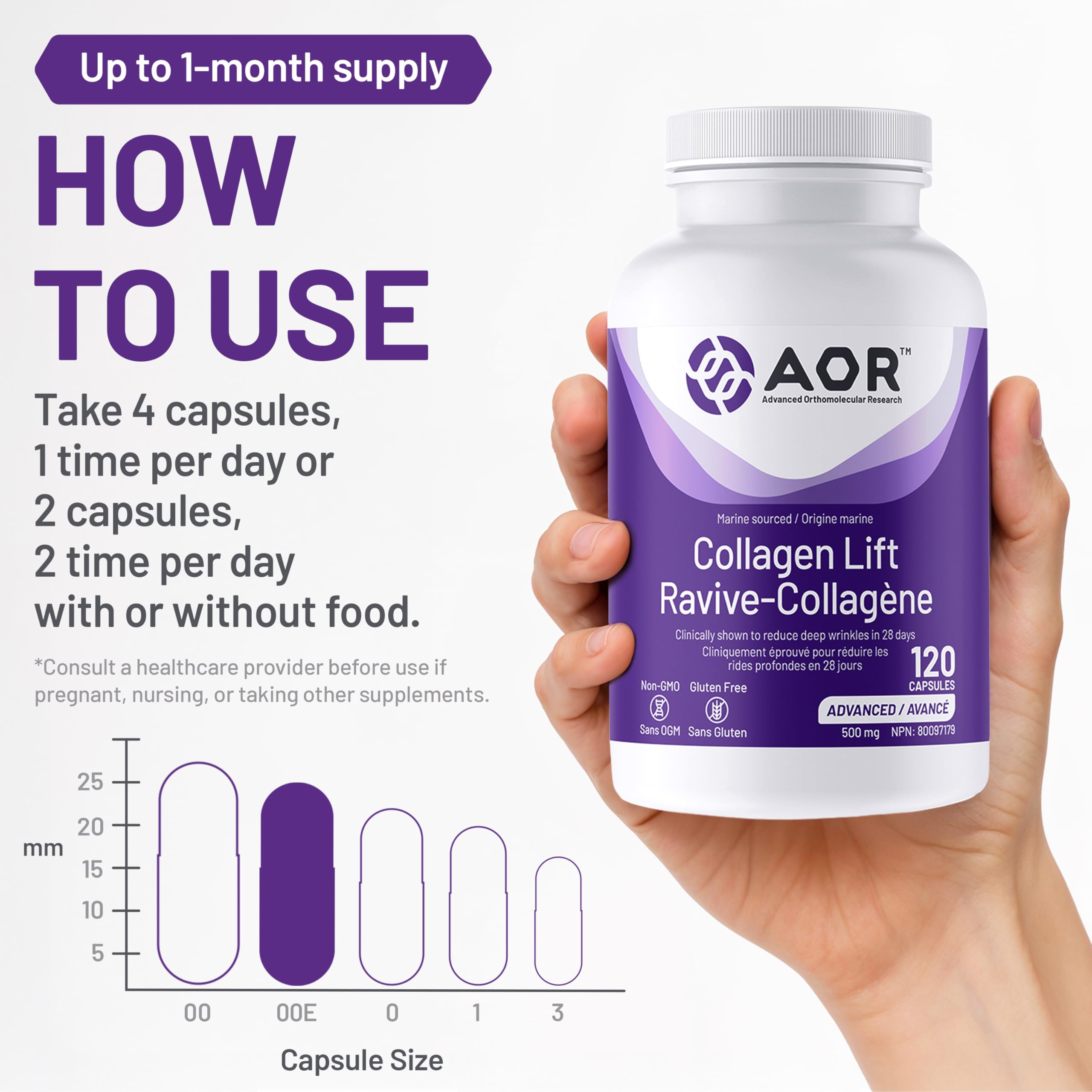 AOR Collagen Lift 500mg, 120 gélules, cure de 30 jours – Complément de collagène marin hydrolysé, favorise une peau lisse et des articulations souples, améliore l'élasticité et l'hydratation de la peau – Sans gluten et sans OGM