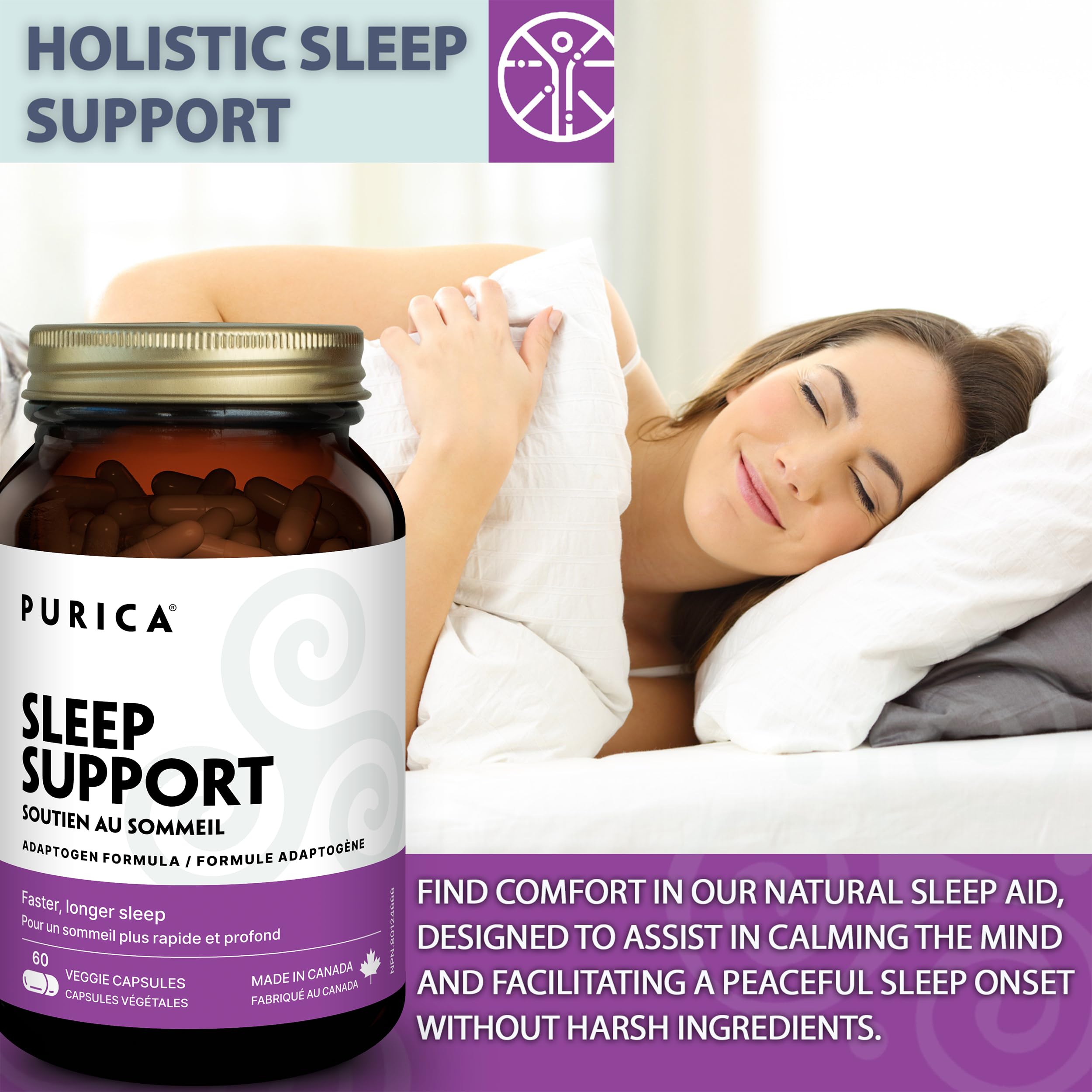 PURICA Sommeil Paisible, Aide à Favoriser des Nuits Reposantes et un Voyage Facile, Contient des Champignons Reishi Rouges, de l'Ashwagandha Biologique et de la Mélatonine, Formule Sans Gluten et Sans OGM