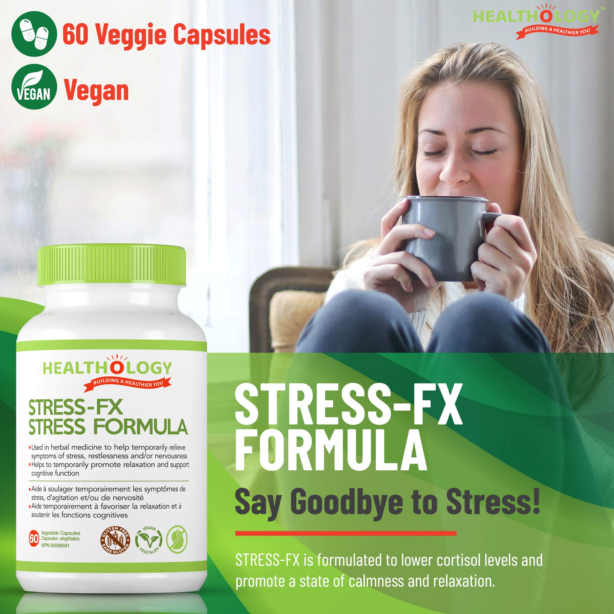 Healthology Stress-FX Stress Formula – Cortisol & Calm Support with Rhodiola, Ashwagandha & GABA – 60 Veg Capsules – Vegan, Gluten-Free, Non-GMO